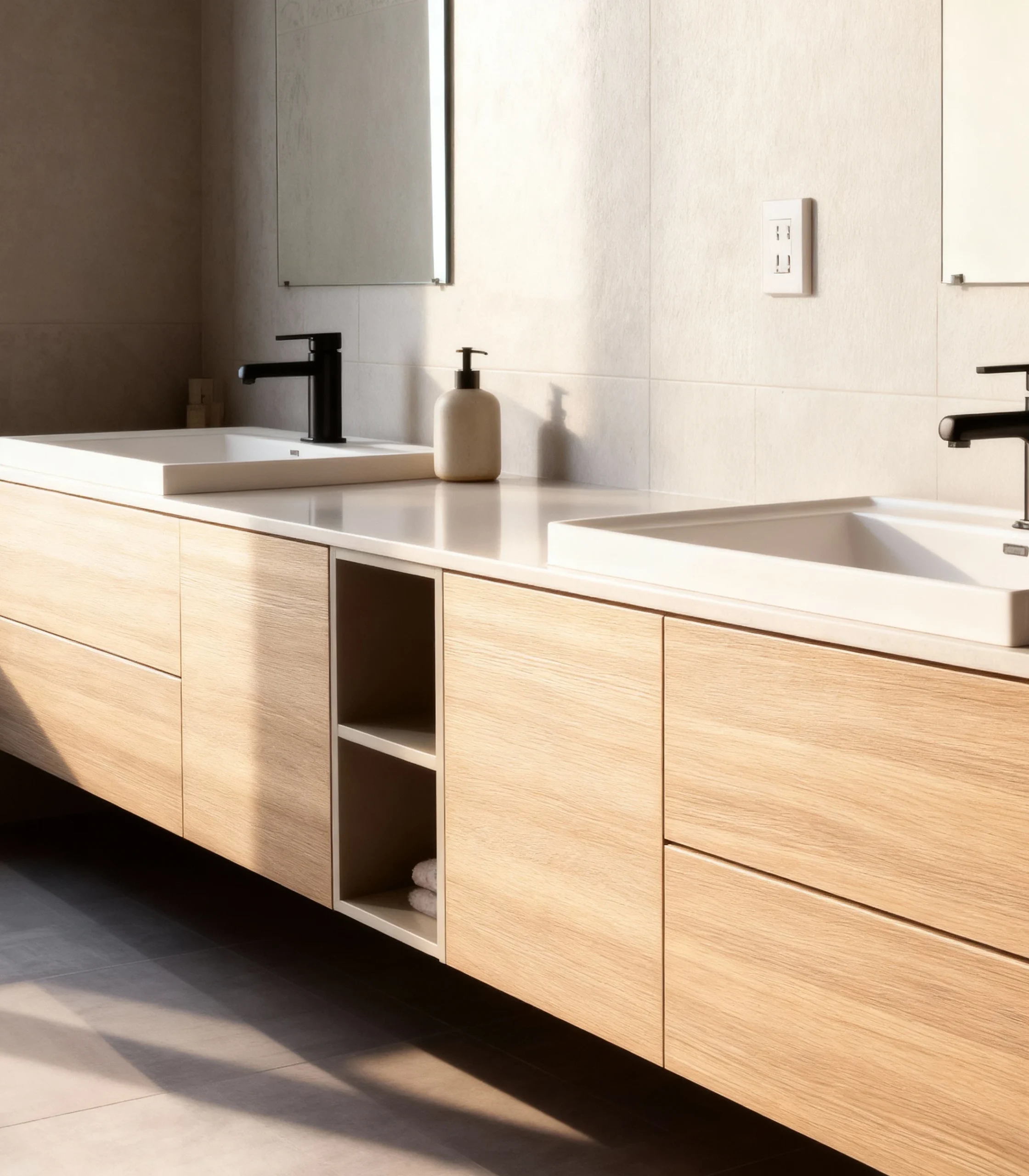 Komandor custom residential cabinetry featuring a wall-mounted floating bathroom vanity. The system utilizes precision-engineered European thermal-fused laminate (TFL) panels with a natural wood-tone texture and 1mm ABS impact-resistant edgebanding. This bespoke furniture system incorporates a dual-sink configuration with integrated countertop washbasins, professional plumbing cut-outs, and high-density 18mm board construction. The design highlights Komandor's minimalist architectural aesthetic with slab-style drawer fronts and seamless horizontal grain matching for a high-end custom interior solution.