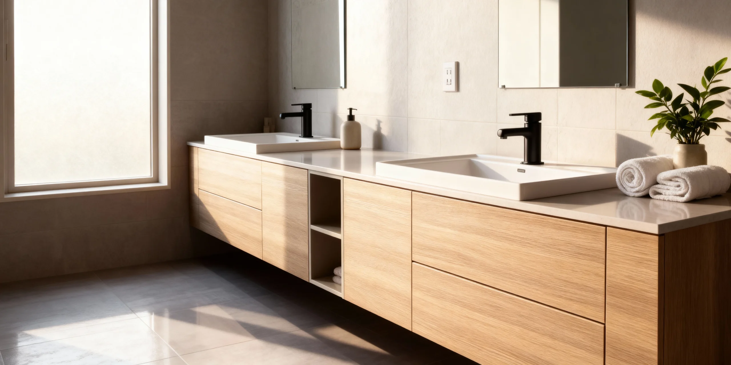 Komandor custom bathroom vanity featuring floating cabinetry with natural wood-tone textured laminate panels. This high-end installation showcases precision-engineered slab door and drawer fronts with seamless overlay construction. The system integrates European-grade hardware, including soft-close under-mount slides and a frameless cabinet box design. Manufactured with moisture-resistant materials, the cabinetry includes specialized open shelving for organization and a neutral-toned countertop accommodating dual sinks, reflecting Komandor’s commitment to architectural furniture systems for luxury GTA residential spaces.