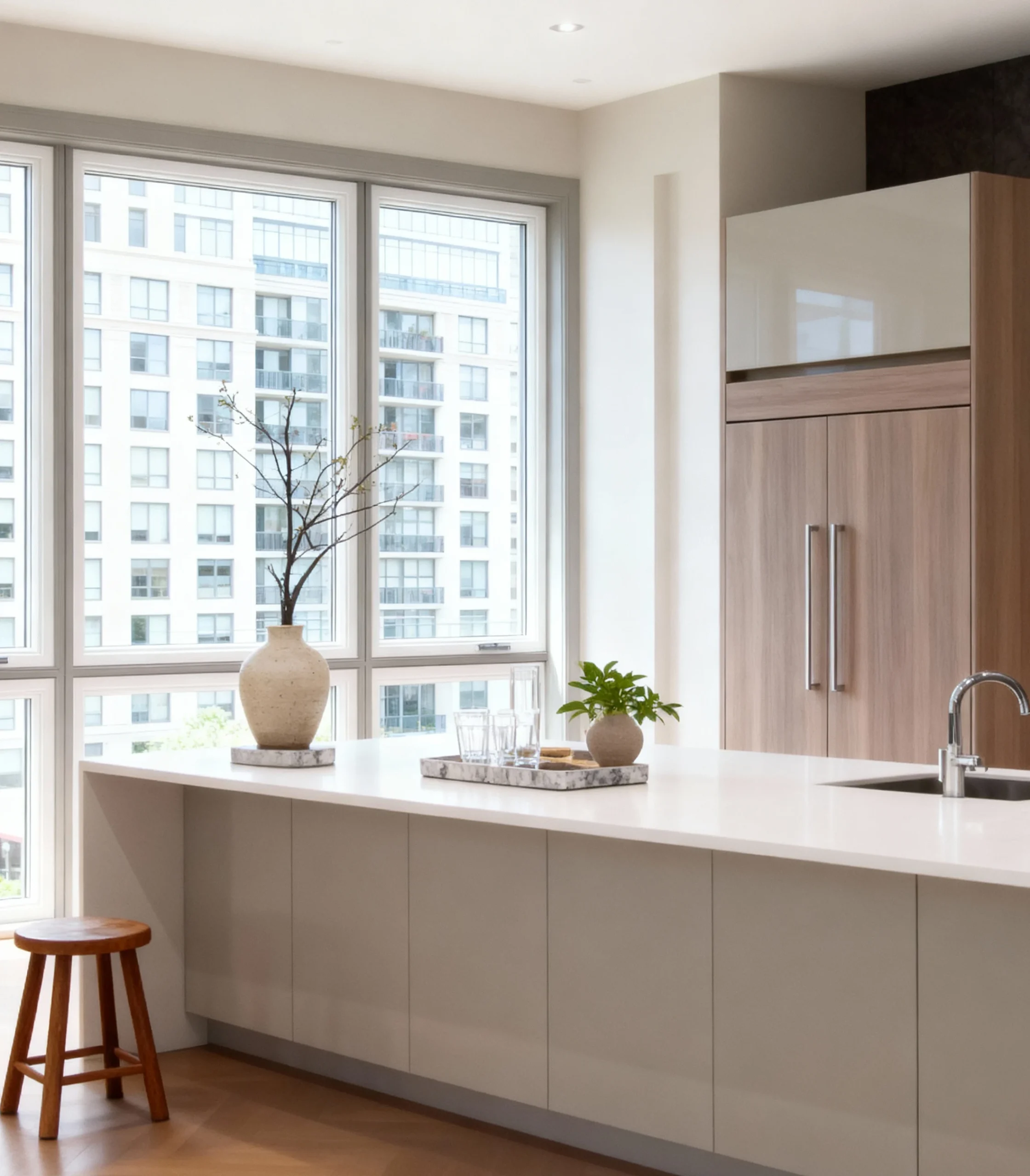 Komandor custom kitchen featuring high-gloss slab door cabinetry and a large waterfall island with integrated shadow-free LED lighting. The floor-to-ceiling installation includes bespoke pantry units with natural wood-tone textured laminate fronts and specialized European hardware for seamless operation. This architectural furniture system utilizes a frameless cabinet construction to maximize storage efficiency in modern urban condos. Every component is manufactured locally to the nearest 1/32-inch, ensuring a perfect fit for luxury interior designs that require a fusion of high-end aesthetics and precision engineering.