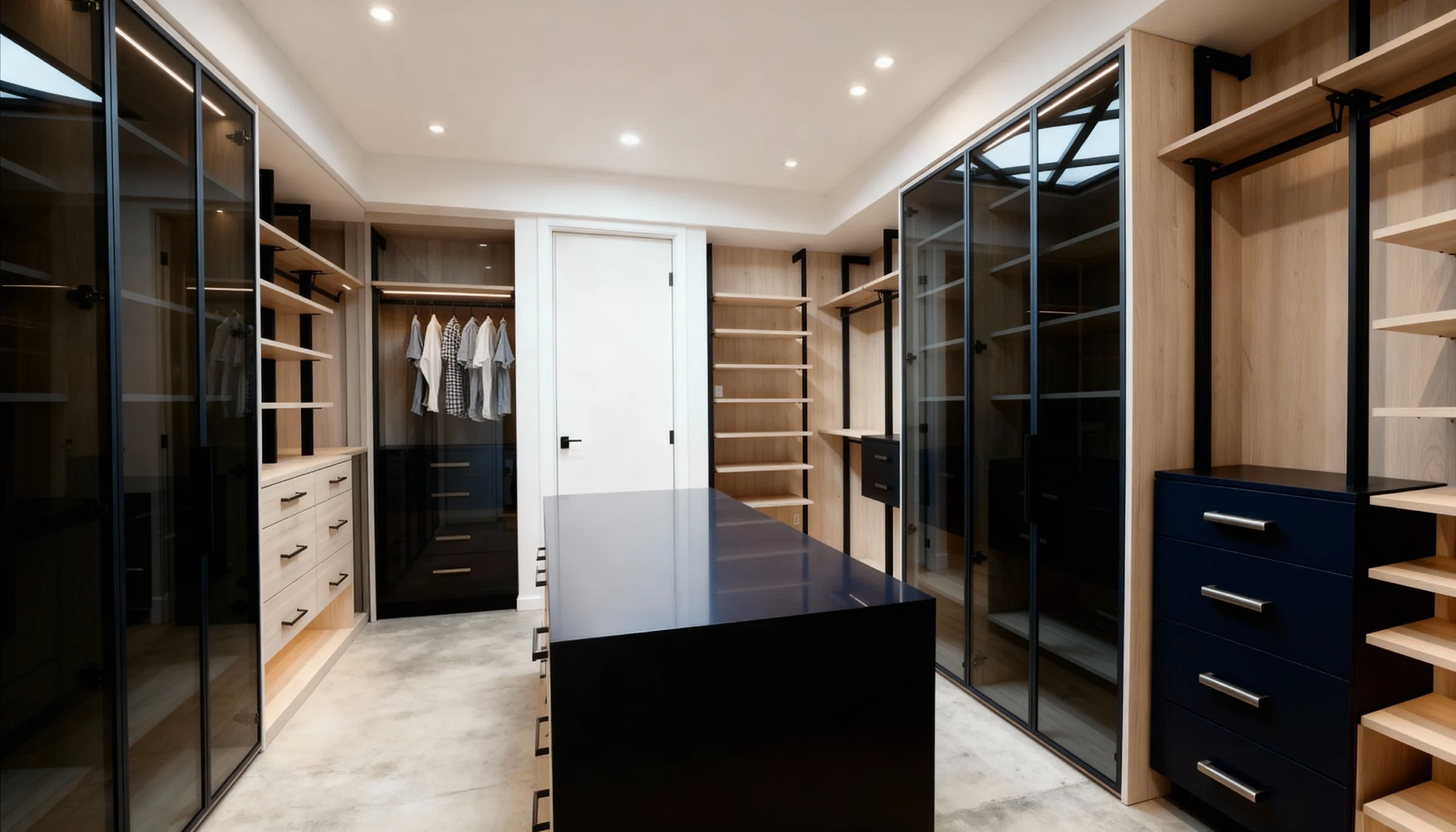 Komandor Heliodor aluminum-framed glass walk-in closet system featuring a bi-pass sliding door configuration with a sleek minimalist profile. This bespoke architectural furniture installation utilizes high-density European laminate shelving and a dark-toned island with soft-close drawers. The system is engineered with precision ball-bearing anti-jump mechanisms and integrated LED closet lighting recessed into the vertical aluminum profiles for shadow-free illumination. The transparent glass inserts provide a boutique-style dressing room aesthetic, showcasing a durable 6063-T5 anodized aluminum frame structure.