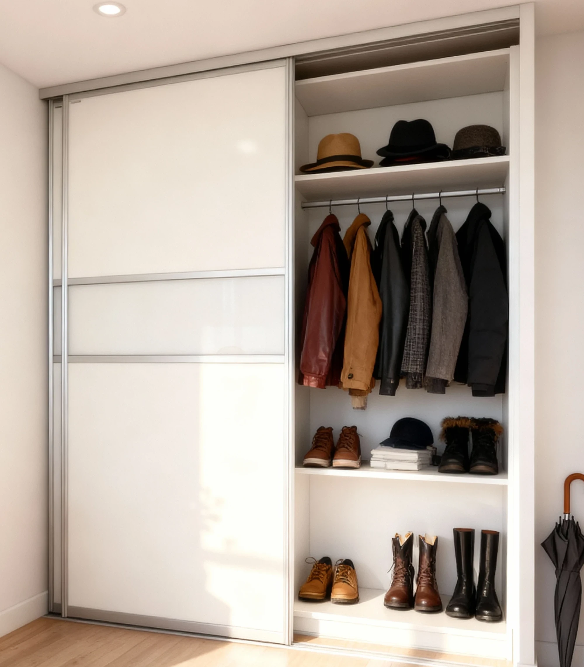 Komandor Heliodor entryway closet featuring a bi-pass sliding door system with ultra-slim aluminum frames. The custom interior solution includes integrated shelving and hanging rods designed to maximize storage in small foyers. The doors utilize a combination of white high-gloss panels and a frosted glass horizontal insert for a modern aesthetic. This millimeter-precise installation is equipped with patented ball-bearing rollers and an anti-jump mechanism for smooth, quiet operation, serving as a high-end alternative to standard reach-in closet kits.
