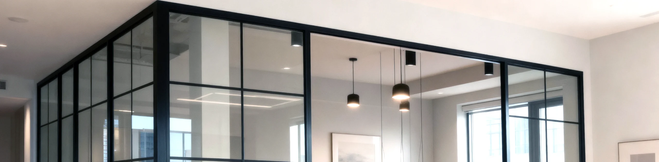 Komandor Lumi aluminum-framed glass partition and interior glazing system utilized as a fixed architectural screen and swing door. This high-end interior solution features a matte black anodized aluminum framework with a grid-pattern muntin design and transparent glass inserts. Engineered for open-concept spatial division, the Lumi system provides structural rigidity and sound attenuation without sacrificing natural light. The precision-fit assembly demonstrates Komandor’s millimeter-precise manufacturing, creating a seamless transition between living and dining areas.