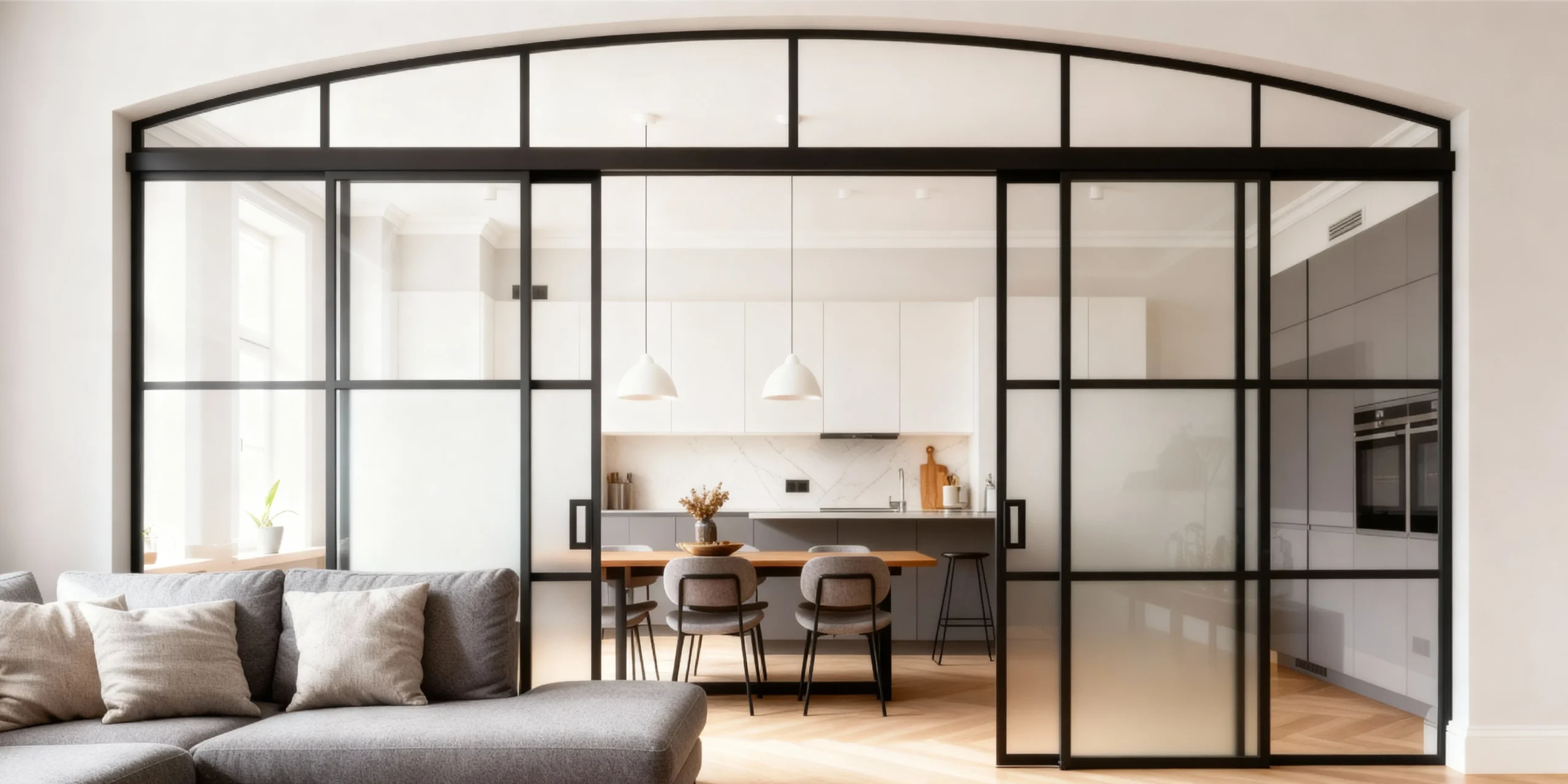 Komandor Lumi aluminum-framed interior glazing system featuring a custom arched transom and bi-pass sliding glass doors. The architectural partition utilizes slim-profile black aluminum frames and clear tempered safety glass to divide living and dining spaces while maintaining light transparency. This bespoke installation demonstrates Komandor’s capability to manufacture fully custom products to the nearest 1/32-inch, incorporating high-performance ball-bearing rollers for silent operation and structural 6063-T5 anodized aluminum for durability in high-end residential applications.