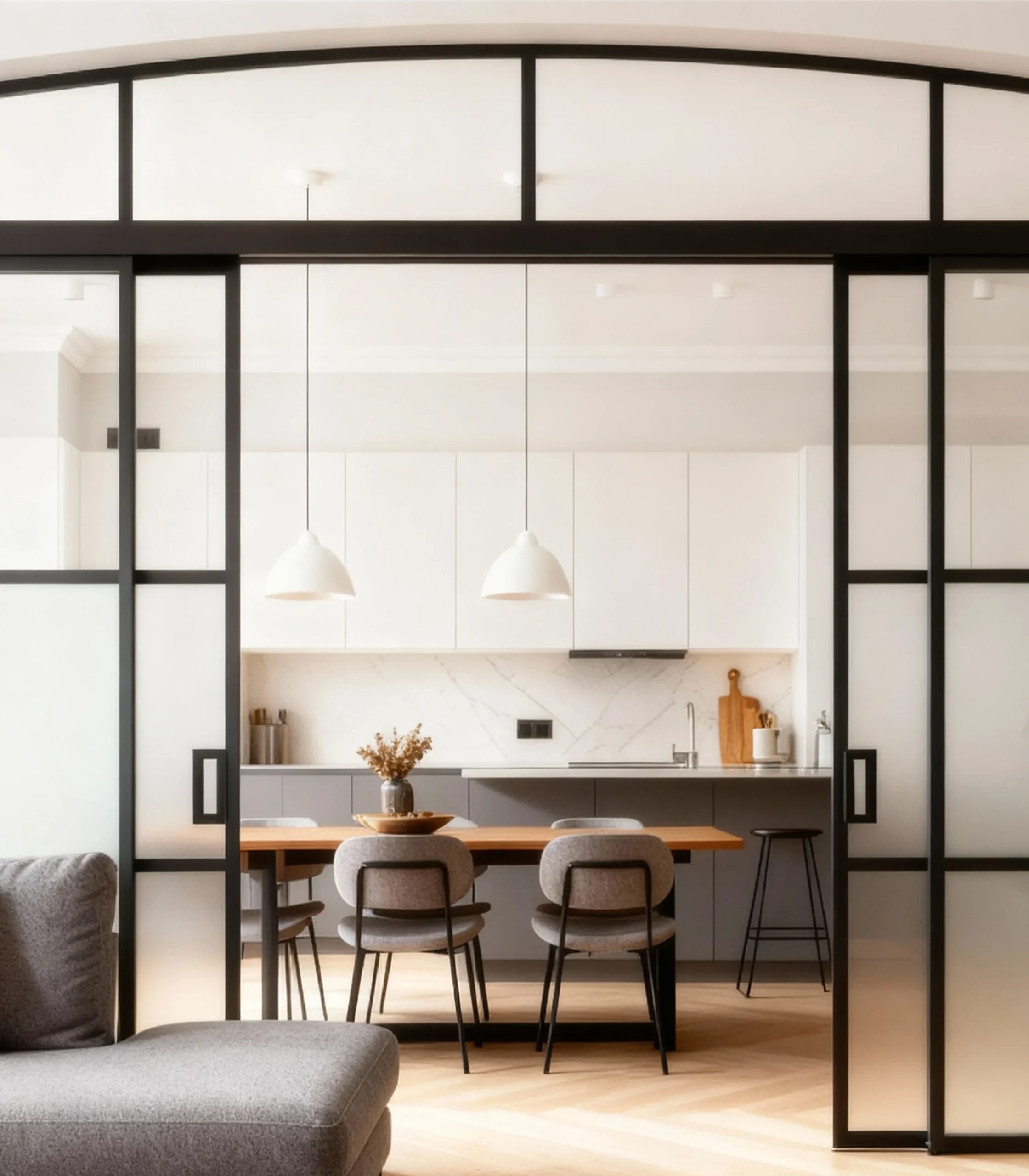 Komandor Lumi aluminum-framed interior glazing system featuring a custom arched transom and bi-pass sliding glass doors. The architectural partition utilizes slim-profile black aluminum frames and clear tempered safety glass to divide living and dining spaces while maintaining light transparency. This bespoke installation demonstrates Komandor’s capability to manufacture fully custom products to the nearest 1/32-inch, incorporating high-performance ball-bearing rollers for silent operation and structural 6063-T5 anodized aluminum for durability in high-end residential applications.