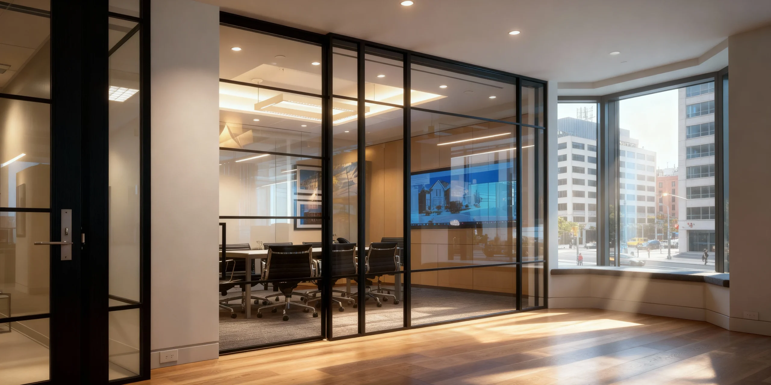 Komandor Lumi aluminum-framed glass partition and sliding door system installed in a modern office environment. This interior glazing solution utilizes a slim charcoal black anodized aluminum profile to maximize transparency and light flow. The configuration features fixed glass panels paired with a smooth-action sliding door, utilizing precision ball-bearing rollers and a top-hung recessed track for a seamless floor transition. The system accepts various insert materials, shown here with clear safety glass and integrated horizontal mullions for a contemporary industrial aesthetic.
