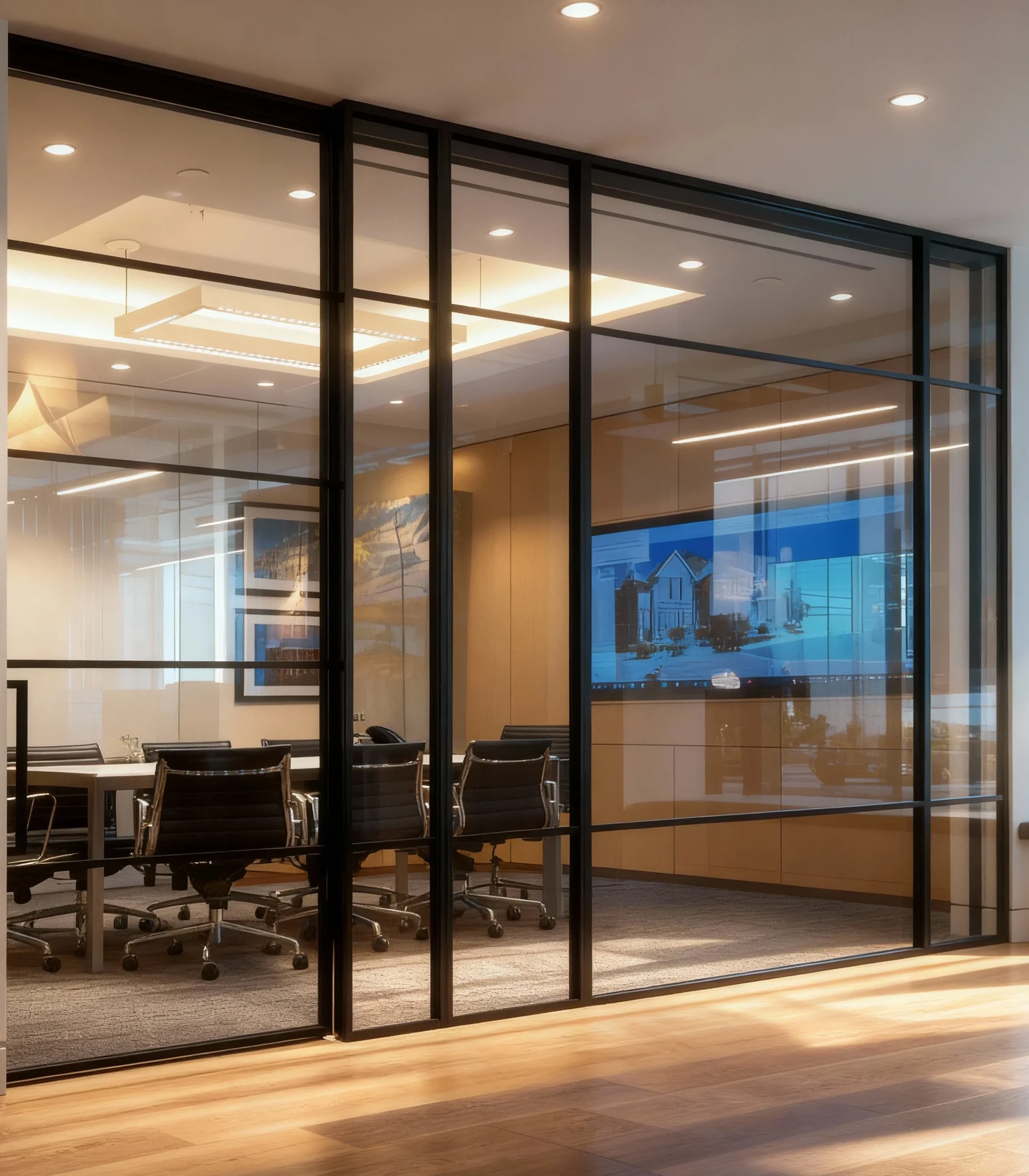 Komandor Lumi aluminum framed interior glazing system featuring a floor-to-ceiling glass wall and sliding door partition. This architectural solution utilizes high-quality anodized aluminum profiles to create a slim-profile grid design with clear tempered safety glass inserts. The system includes integrated bi-pass or sliding mechanisms with smooth ball-bearing rollers and anti-jump technology for quiet, durable operation. Designed as a modern room divider, the Lumi system offers millimeter-precise customization for residential and commercial spaces, providing structural integrity while maintaining visual transparency and light flow.