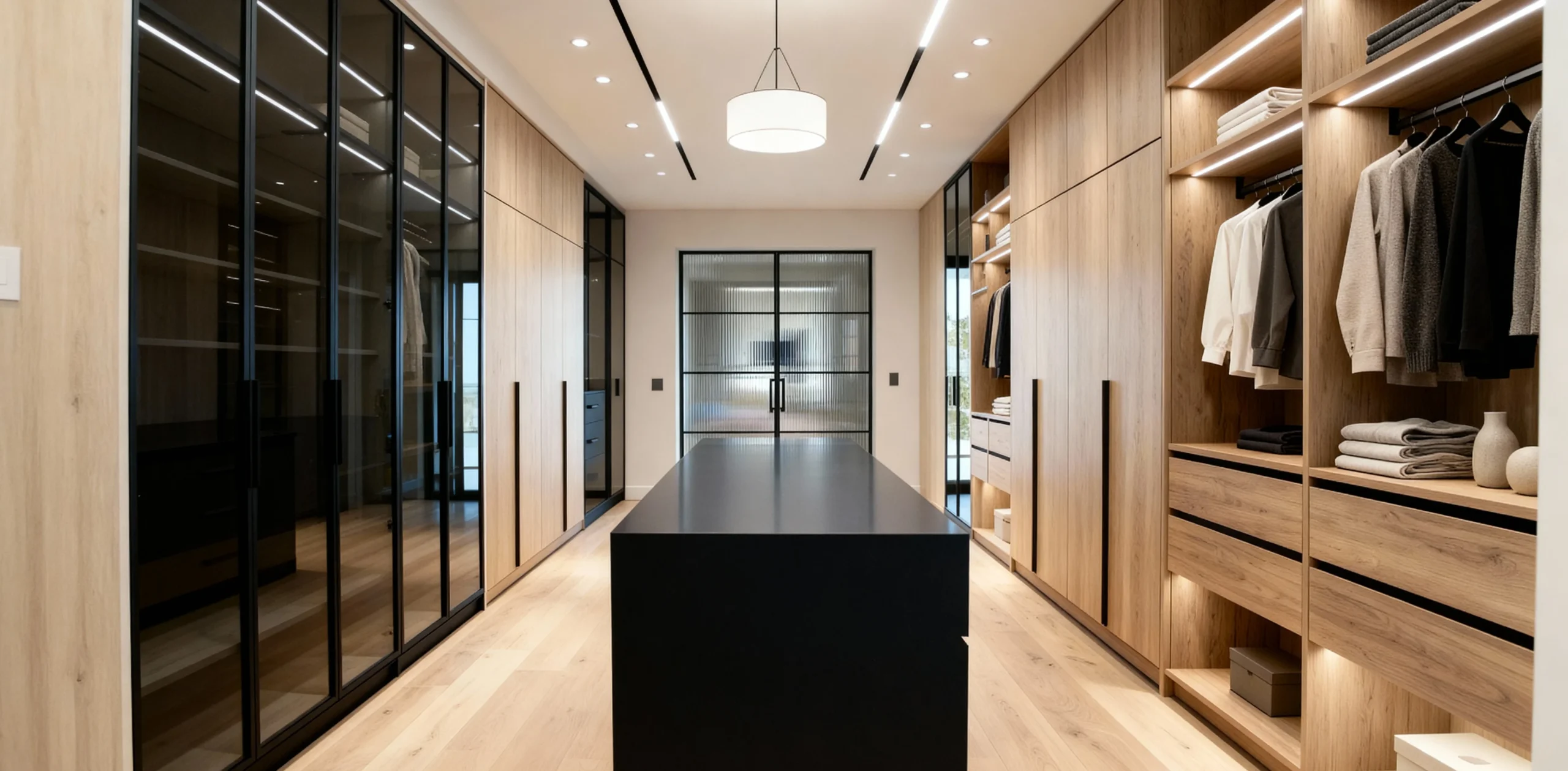 Komandor Lumi aluminum-framed glass partition and sliding door system integrated into a luxury walk-in closet. The installation features bespoke floor-to-ceiling wardrobes with European thermal-fused laminate panels and the Opal hinged cabinet door system. Technical specifications include integrated LED lighting recessed into aluminum profiles with specialized diffusers for shadow-free illumination. The design incorporates fluted glass Lumi partitions and thin-profile aluminum frames, providing high-end architectural furniture functionality with millimeter-precise customization and precision ball-bearing mechanisms for seamless operation.