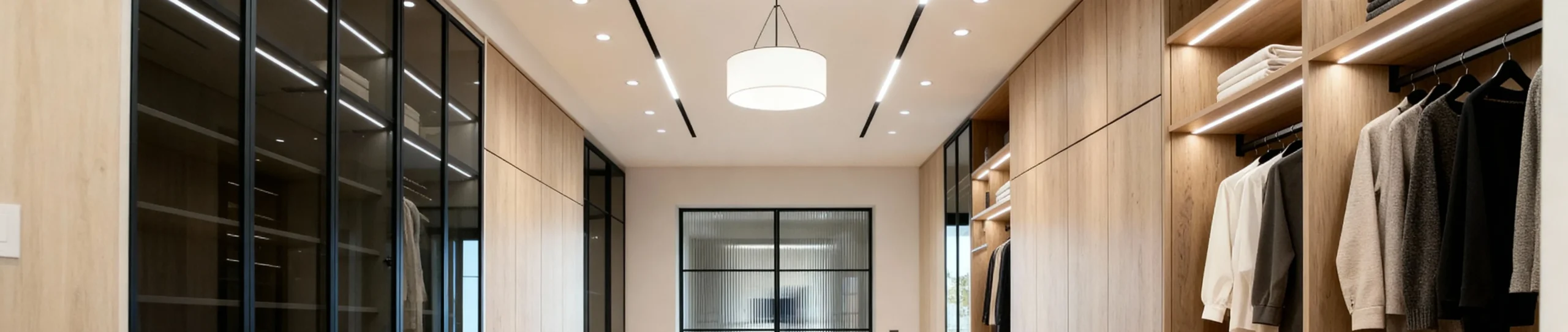 Komandor Lumi aluminum-framed glass partition and sliding door system integrated into a luxury walk-in closet. The installation features bespoke floor-to-ceiling wardrobes with European thermal-fused laminate panels and the Opal hinged cabinet door system. Technical specifications include integrated LED lighting recessed into aluminum profiles with specialized diffusers for shadow-free illumination. The design incorporates fluted glass Lumi partitions and thin-profile aluminum frames, providing high-end architectural furniture functionality with millimeter-precise customization and precision ball-bearing mechanisms for seamless operation.