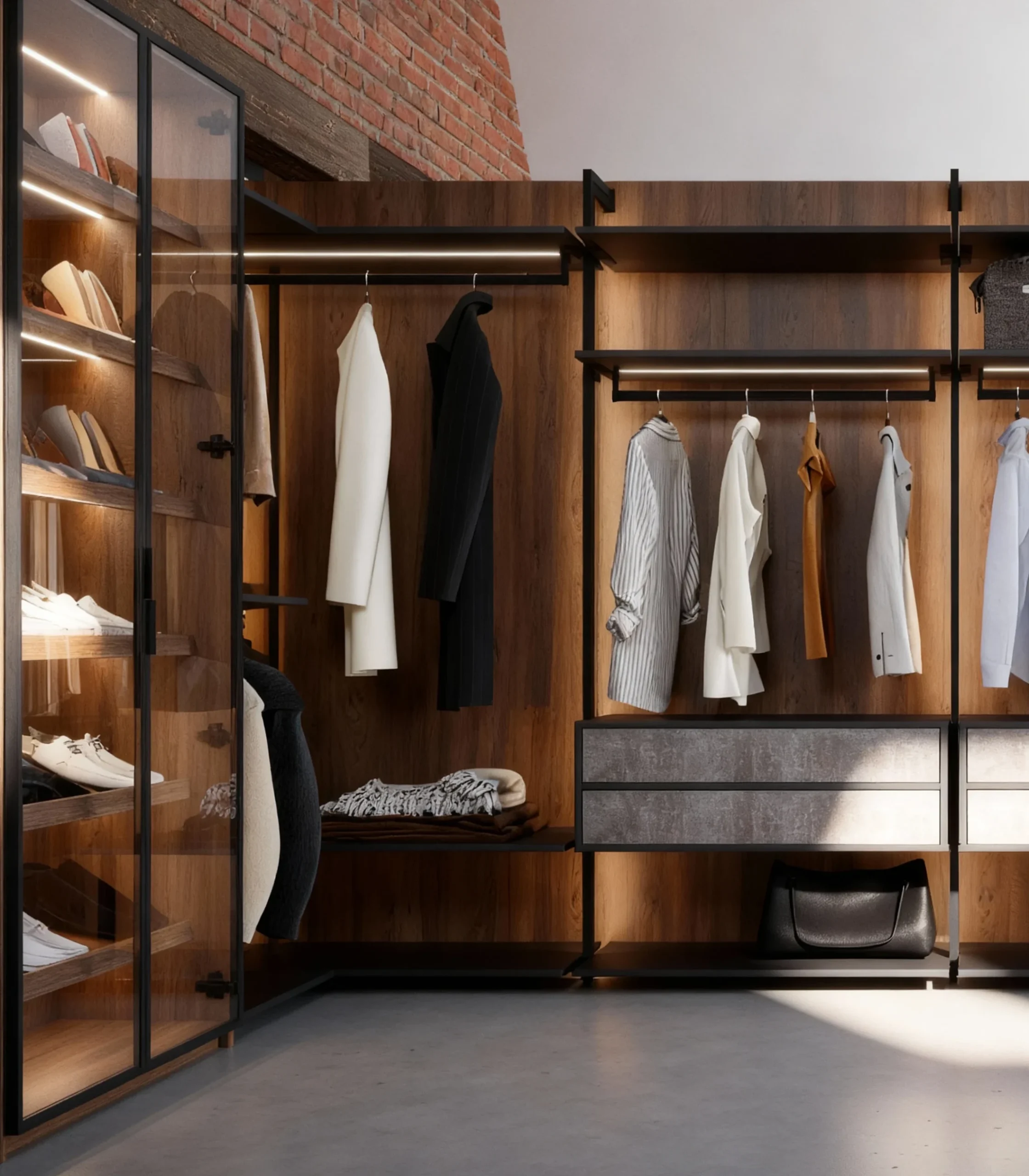 Komandor Orto aluminum post closet system featuring a modular architectural framework in a dark anodized finish. This luxury walk-in closet integrates recessed LED lighting directly into the structural aluminum profiles and clothing rods for shadow-free illumination. The system includes high-density European thermal-fused laminate (TFL) panels in a warm wood grain, paired with a glass-door boutique display cabinet and textured concrete-style drawer fronts. Precision-engineered for floor-to-ceiling installation, this hybrid solution provides a visually light, structurally rigid alternative to traditional heavy millwork.