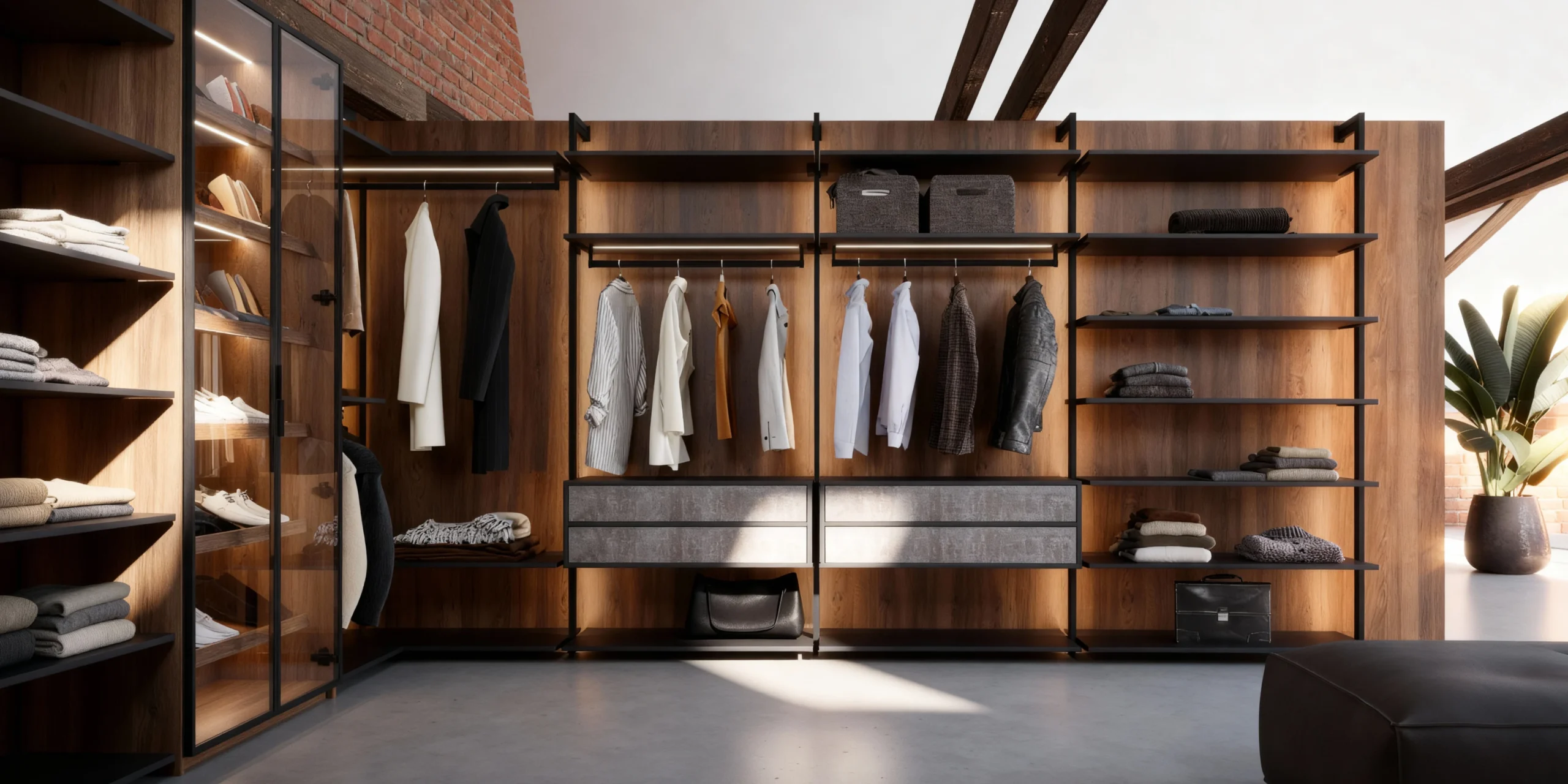 Komandor Orto aluminum-post architectural furniture system configured as an open-concept walk-in closet and wardrobe. The system utilizes 6063-T5 anodized aluminum profiles for structural rigidity and a visually light profile. Features include integrated LED lighting recessed into aluminum channels with diffusers for shadow-free organization, 18mm high-density European thermal-fused laminate shelving, and a Lumi aluminum-framed glass display cabinet. This hybrid construction provides superior structural integrity and millimeter-precise customization for luxury residential interior storage.