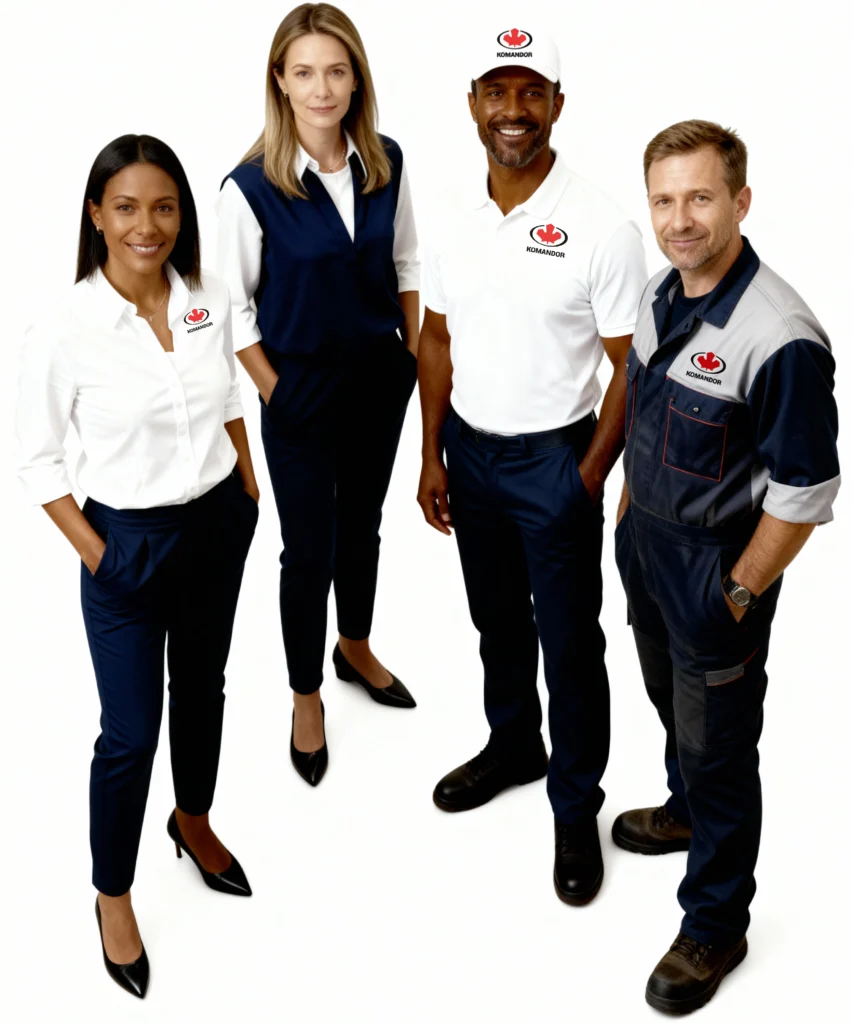 Komandor Canada team members including design consultants and installation specialists standing together in branded uniforms.