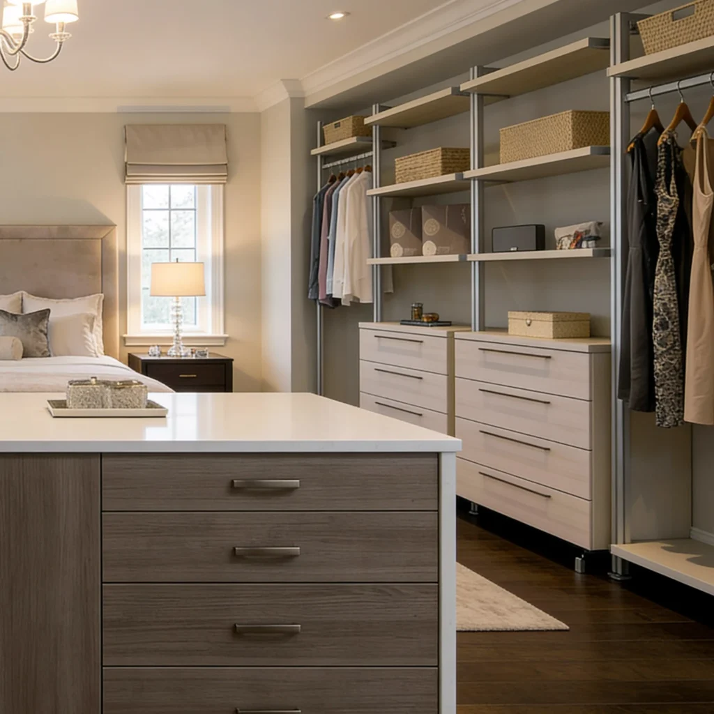 Komandor aluminum post closet system configured as a luxury walk-in dressing room. The design features vertical silver anodized aluminum columns supporting adjustable light wood-tone European laminate shelves and hanging rails, creating an open-concept structure without solid backing walls. The layout includes a contrasting dark wood central island with a quartz countertop and soft-close drawers, utilizing a hybrid architectural framework to create a visually light, structurally rigid alternative to traditional enclosed millwork.