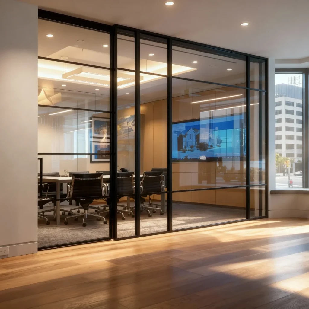 Komandor Aurora aluminum glazing system and glass partition wall designed for modern commercial office buildouts. This architectural room divider features a black-finished aluminum framework with a grid-style muntin layout, supporting floor-to-ceiling tempered safety glass panels. The system creates sound-dampened meeting spaces and corridors while preserving natural light transmission, serving as a prefabricated, cost-effective alternative to traditional drywall framing and bulkheads.