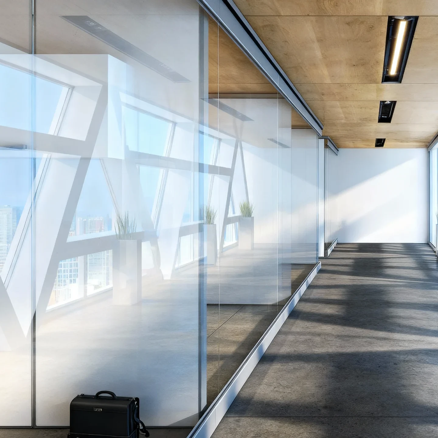 Komandor Aurora architectural glazing system installed as a continuous floor-to-ceiling glass corridor wall. The design utilizes a minimalist aluminum channel profile fastened directly to the floor and ceiling to secure large-format clear tempered safety glass panels. This fixed partition system eliminates the need for traditional drywall framing or bulkheads, creating a seamless, light-filled boundary for modern commercial office interiors while maintaining visual connectivity.