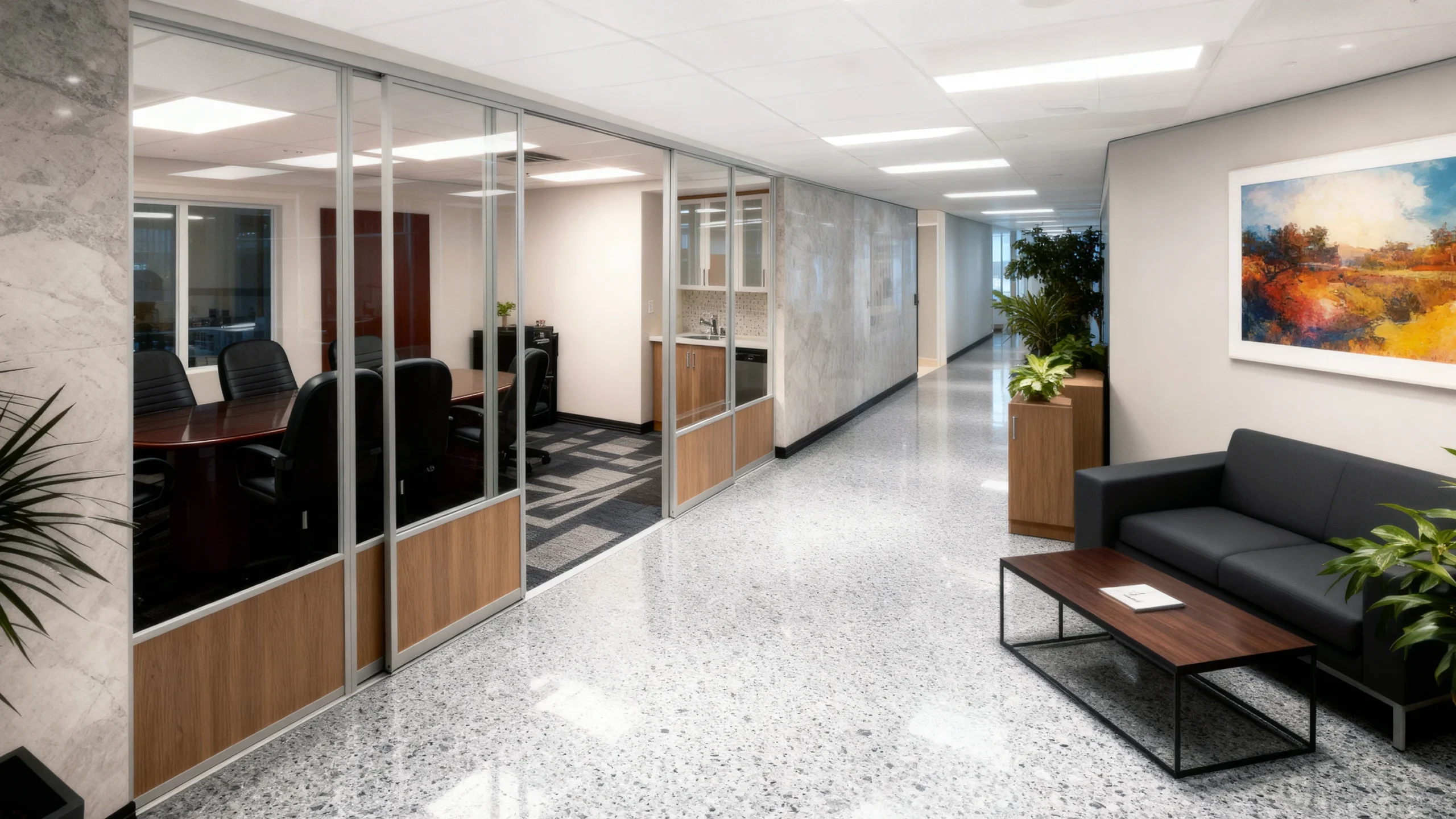 Komandor Aurora glazing system featuring an aluminum-framed interior partition with integrated sliding doors and decorative wood-grain base panels. This hybrid architectural solution uses 6063-T5 anodized aluminum profiles to create functional office divisions while maintaining light transmission and privacy. The custom-manufactured system includes bottom-track nylon rollers with anti-jump mechanisms and precision ball bearings for quiet, smooth operation in professional commercial environments.