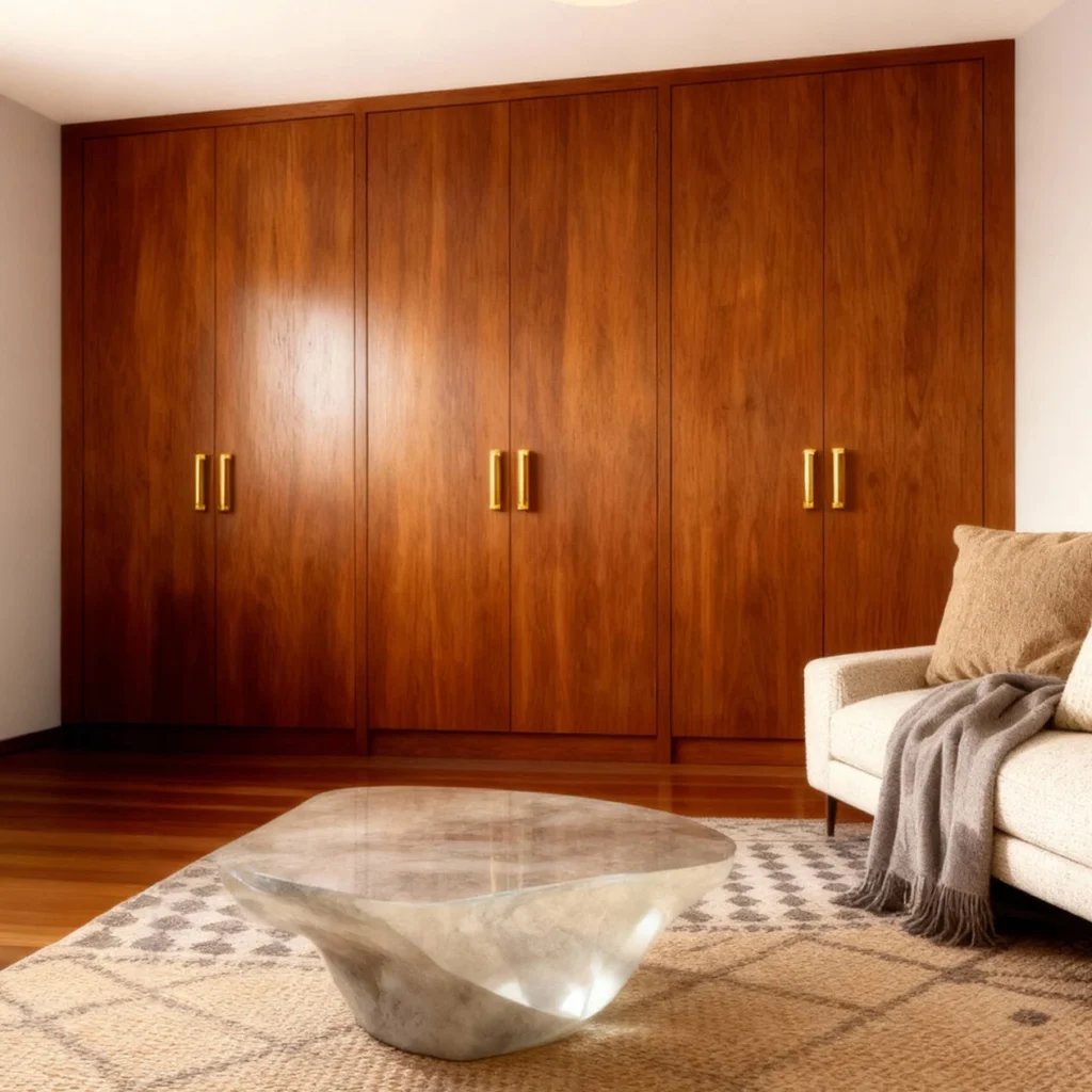 Komandor Opal hinged cabinet door system configured as a floor-to-ceiling luxury built-in wardrobe. The unit features natural wood-tone textured laminate slab doors with high-end gold-finish decorative handles. This architectural furniture system utilizes Komandor’s proprietary millimeter-precise manufacturing to ensure a seamless wall-to-wall fit. Built with European-grade hardware and frameless cabinet box construction, it serves as a structurally superior, modern alternative to traditional millwork for upscale Greater Toronto Area residential interiors.