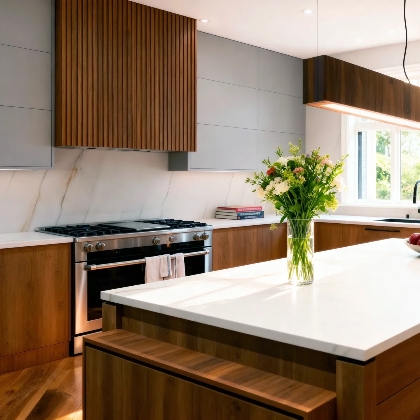 Komandor bespoke kitchen cabinetry featuring a modern hybrid design with light gray matte upper cabinets and natural wood-tone lower units. The installation showcases a proprietary wood-slat architectural feature above the professional-grade range, complemented by a matching integrated LED pendant light fixture. This custom solution utilizes frameless cabinet box construction and overlay slab-style doors, manufactured to millimeter precision for a seamless fit. Sourced from high-density European thermal-fused laminate, the cabinetry represents a structurally superior alternative to traditional millwork, offering localized Canadian craftsmanship for luxury GTA homes.