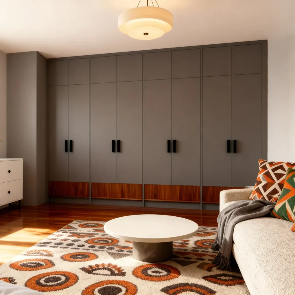 Komandor built-in closet system featuring a floor-to-ceiling modern wardrobe with gray supermatt overlay doors and minimalist black hardware. The architectural furniture solution includes a distinctive natural wood-tone lower accent panel, providing a structurally superior modern alternative to traditional master suite millwork. This bespoke storage solution is manufactured to millimeter precision from high-density European thermal-fused laminate (TFL) to ensure a seamless wall-to-wall fit. The design optimizes interior space in high-end GTA residential settings, reflecting Komandor's focus on engineering excellence and clean-lined aesthetics.