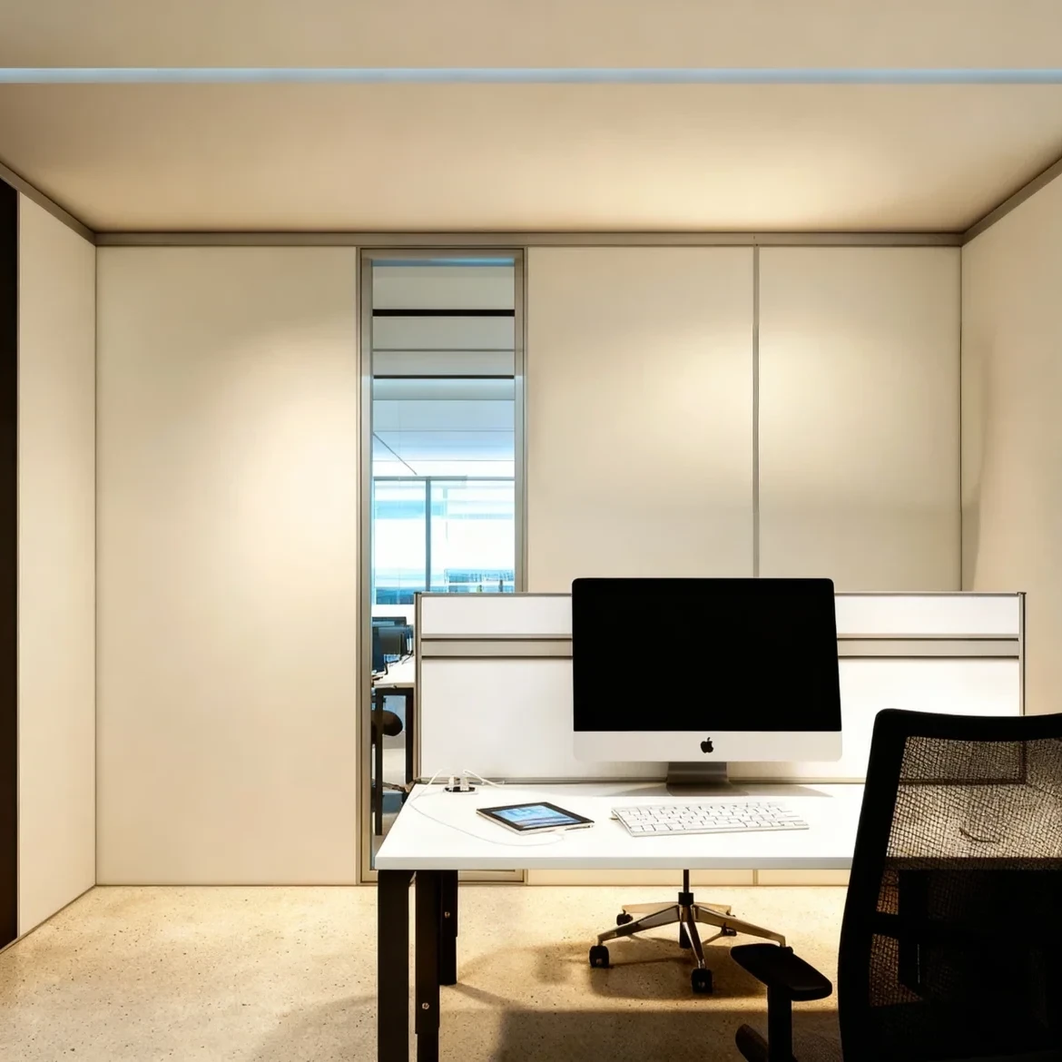 Komandor commercial office partition system, a modular aluminum-framed wall solution designed for flexible workspace division. The assembly features floor-to-ceiling solid opaque white panels mounted within a durable aluminum track profile, eliminating the need for traditional drywall framing. This configuration includes a narrow vertical glass insert for visibility and an integrated low-height partition to define individual workstation areas while maintaining an open office layout.