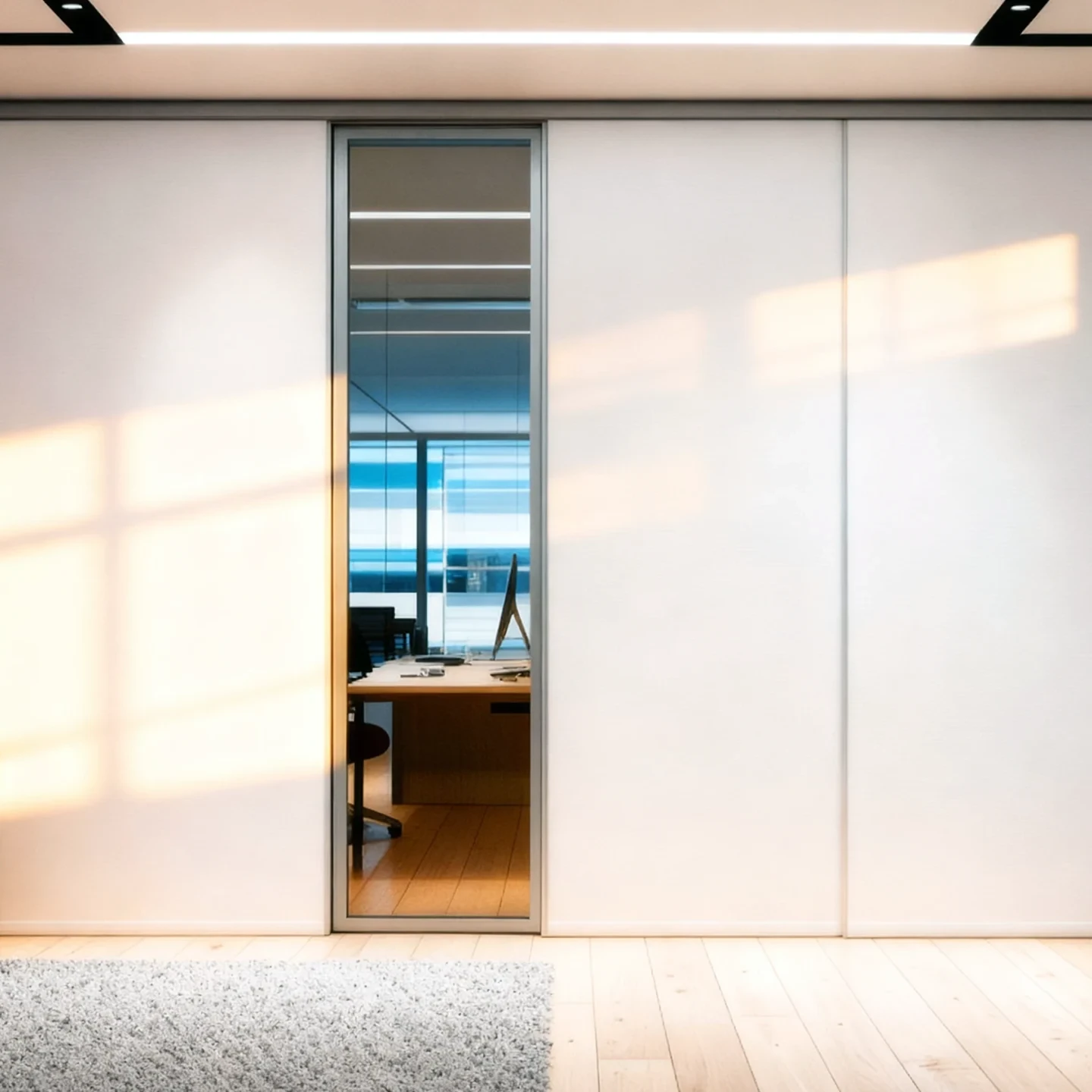 Komandor commercial sliding partition system designed as a floor-to-ceiling architectural room divider for office interiors. The custom configuration features expansive opaque white solid core laminate panels for privacy, integrated with a central clear glass sliding door insert within a durable anodized aluminum frame profile. Engineered as a flexible alternative to traditional drywall, this system utilizes precision-manufactured tracks and rollers to divide large open spaces while maintaining light transmission and maximizing square footage usage.