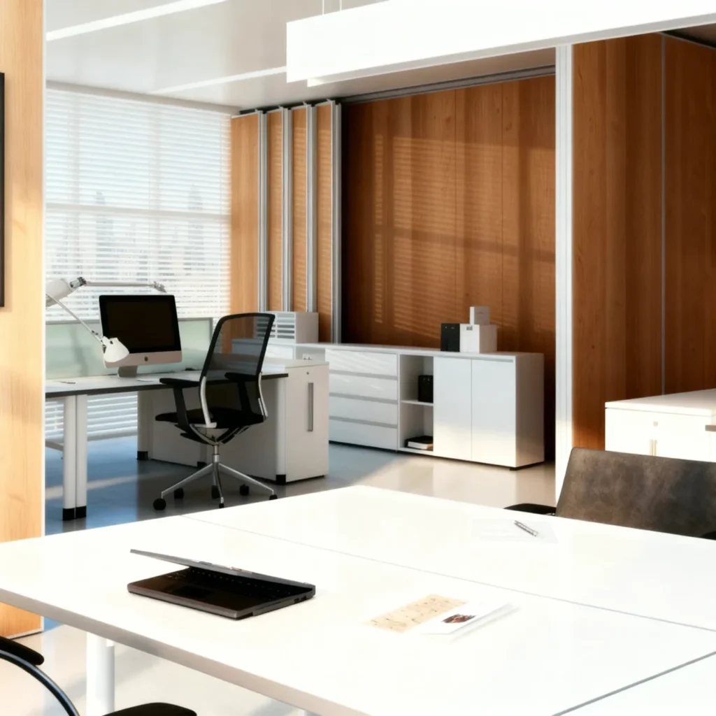 Komandor commercial sliding partition system featuring wood-grain Euro laminate panels for a warm, architectural aesthetic. The system utilizes a high-strength aluminum track and profile framework to support floor-to-ceiling panels that function as a movable room divider. Designed for open-plan offices, these stacking panels allow for the flexible reconfiguration of space, providing visual and acoustic separation when closed and maintaining an open flow when stored.