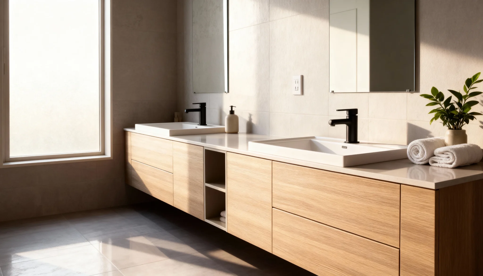 Komandor custom residential cabinetry featuring a wall-mounted floating bathroom vanity. The system utilizes precision-engineered European thermal-fused laminate (TFL) panels with a natural wood-tone texture and 1mm ABS impact-resistant edgebanding. This bespoke furniture system incorporates a dual-sink configuration with integrated countertop washbasins, professional plumbing cut-outs, and high-density 18mm board construction. The design highlights Komandor's minimalist architectural aesthetic with slab-style drawer fronts and seamless horizontal grain matching for a high-end custom interior solution.