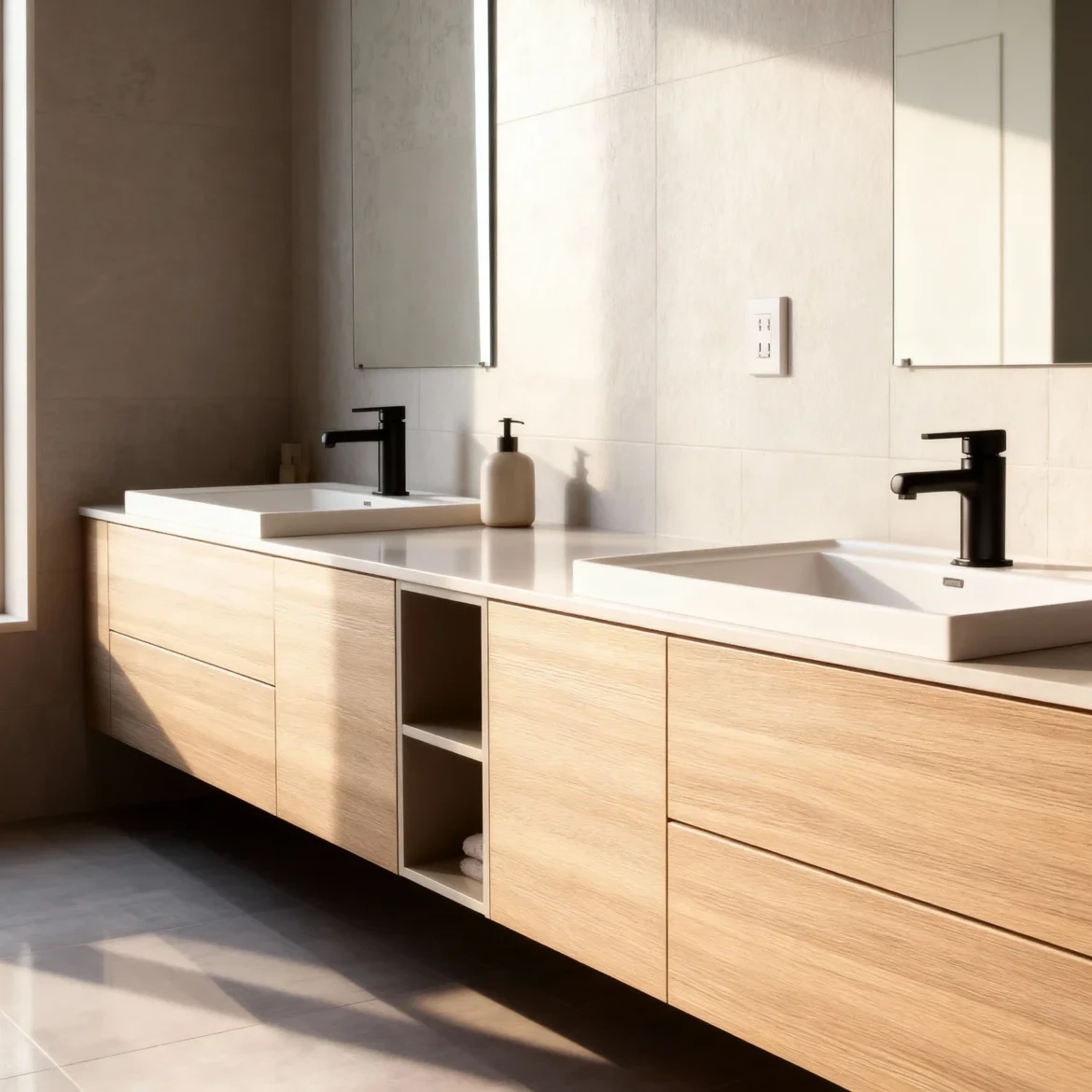 Komandor custom bathroom cabinetry featuring a wall-mounted floating vanity system with horizontal wood grain laminate fronts. The design utilizes millimeter-precise manufacturing to integrate dual white porcelain vessel sinks atop a seamless white solid-surface countertop. This architectural furniture solution includes an open-shelving center module for towel storage, demonstrating Komandor's high-density European thermal-fused laminate construction. The slab-style drawer fronts emphasize a minimalist aesthetic, reflecting the brand's focus on functional beauty and moisture-resistant materials for residential interior solutions.