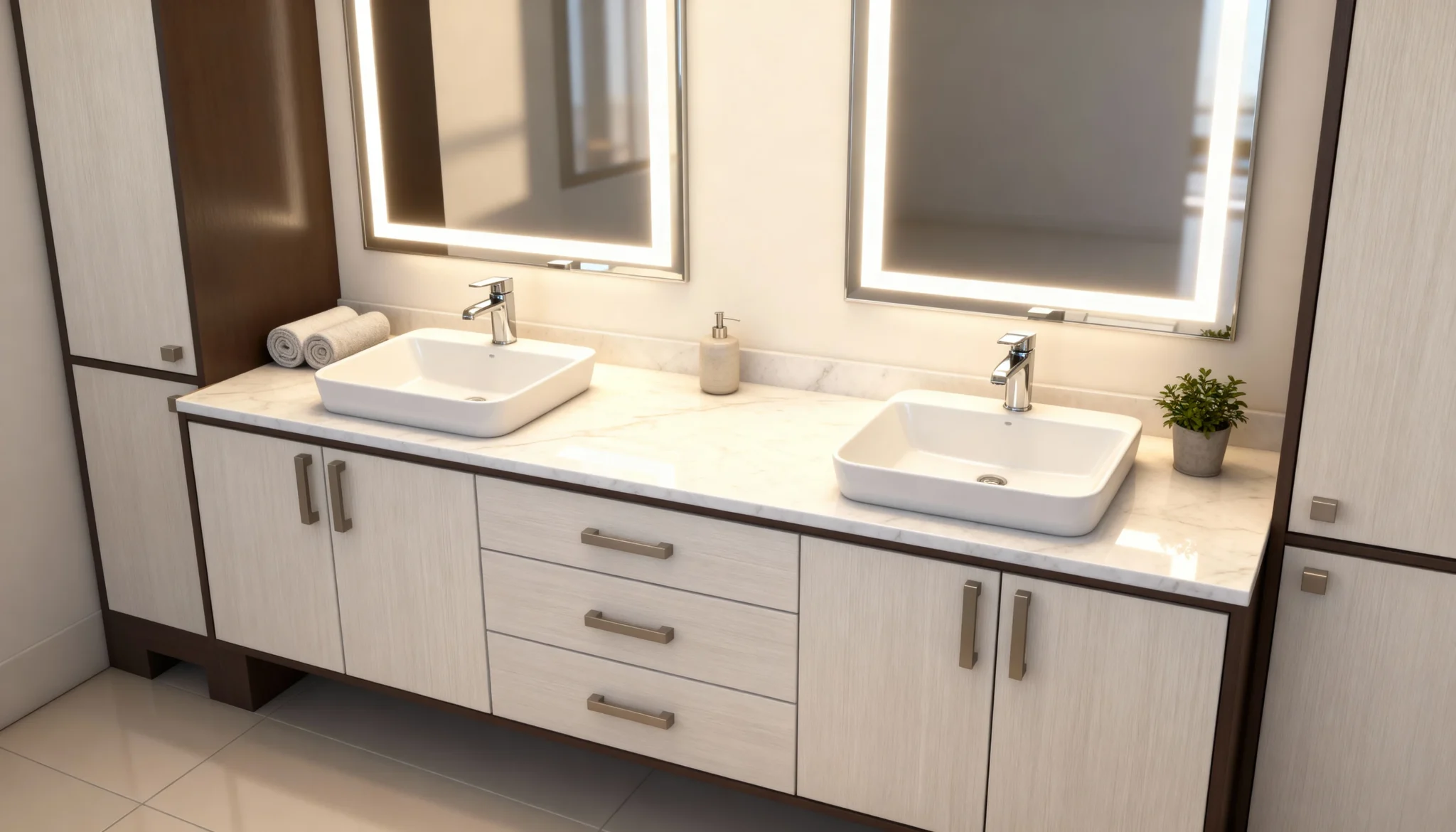 Komandor custom bathroom cabinetry system featuring a double-sink vanity and integrated storage towers in high-density European laminate with a light wood-grain textured finish. The installation showcases frameless cabinet box construction with overlay slab-style door and drawer fronts, accented by modern brushed metal decorative handles. This architectural millwork solution is engineered to the nearest 1/32 inch for a precise fit, utilizing premium soft-close hinges and full-extension under-mount drawer slides. The design integrates integrated LED lighting via illuminated vanity mirrors, reflecting Komandor’s high-end European design aesthetic for luxury residential bathrooms.