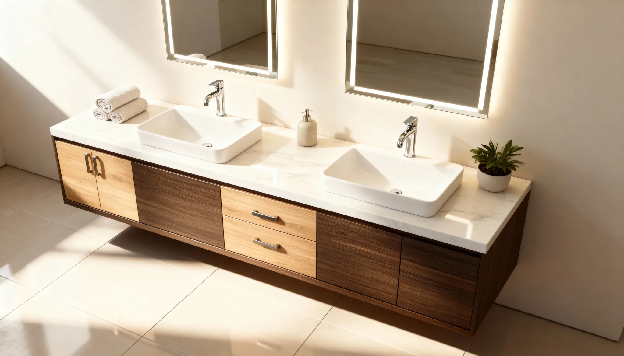 Komandor custom bathroom vanity featuring a wall-hung, floating architectural furniture system. The unit showcases a modern hybrid design with slab-style door and drawer fronts constructed from high-density 18mm European thermal-fused laminate. The cabinetry utilizes high-gloss white and textured natural wood-tone finishes with precisely fitted vertical grain alignment. Integrated hardware includes undermount soft-close full-extension drawer slides and overlay cabinet door installation, providing a minimalist aesthetic and European-grade functional durability for high-moisture residential environments.