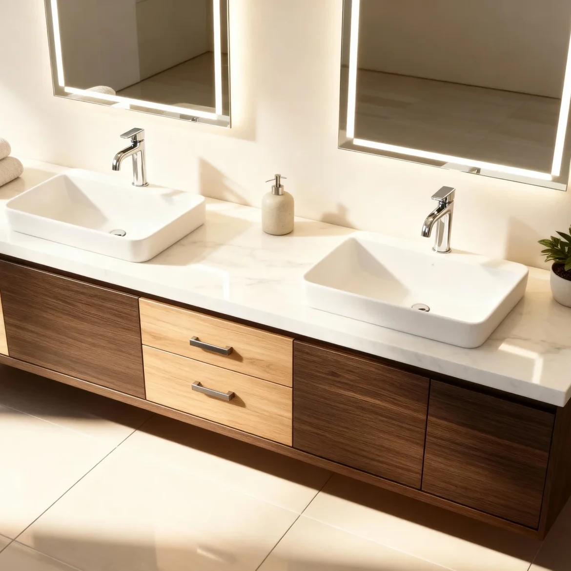 Komandor custom bathroom cabinetry and vanity system featuring a mix of natural wood tones and charcoal black accents. The floating installation includes precision-engineered drawers with decorative handles and soft-close hardware. This hybrid architectural solution is topped with a white marble-style surface and integrated vessel sinks. The design is complemented by backlit LED mirrors, reflecting Komandor's focus on integrated lighting and modern minimalist aesthetics for high-end residential interiors in the GTA.