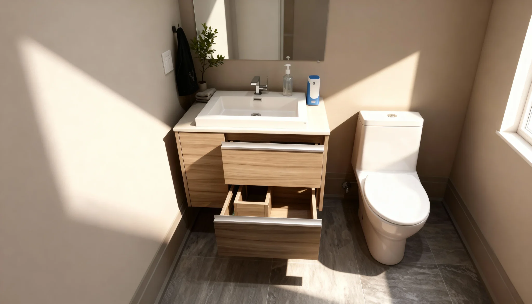 Komandor custom floating bathroom vanity featuring high-density European thermal-fused laminate with a natural wood grain texture. The cabinetry utilizes a frameless construction with two large storage drawers equipped with integrated full-extension soft-close slides and sleek aluminum edge pulls. This moisture-resistant millwork is precision-manufactured to the millimeter, providing a bespoke storage solution that integrates seamlessly into modern residential washroom layouts while maintaining superior structural integrity and visual lightness.