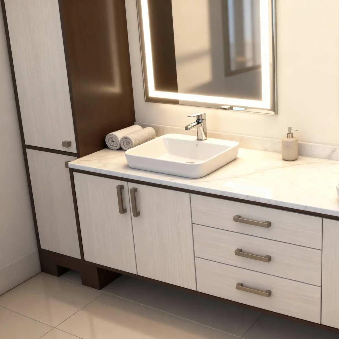 Komandor custom bathroom cabinetry featuring a high-contrast vanity system built with premium European textured laminate panels. The installation includes a lower vanity with overlay cabinet doors and triple-stack drawers equipped with decorative metal handles, paired with a matching floor-to-ceiling side linen tower. This bespoke architectural furniture solution utilizes millimeter-precise manufacturing to maximize storage in modern GTA interiors, showcasing Komandor's signature design-to-install service and the integration of functional residential millwork with contemporary aesthetics.