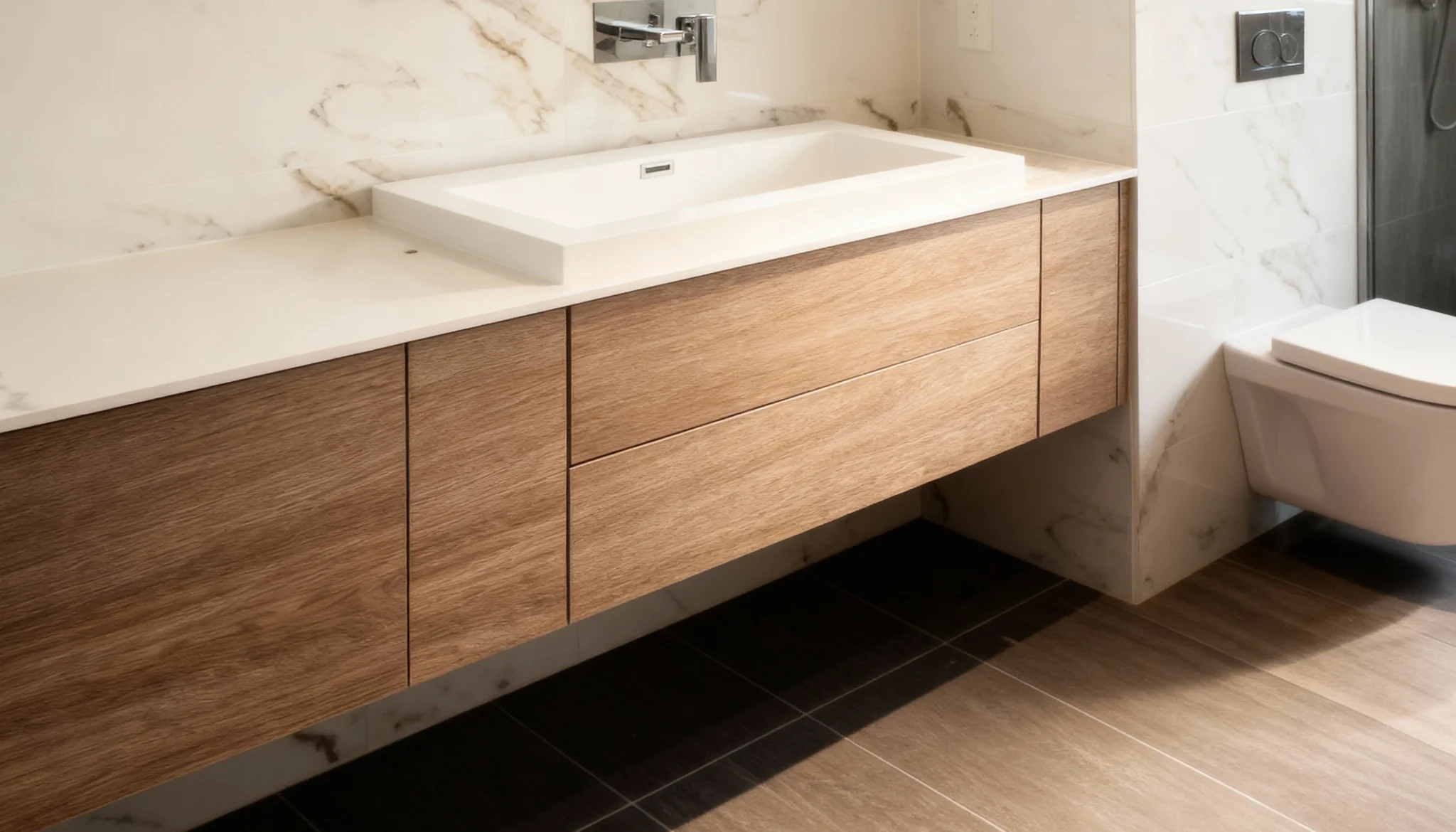 Komandor custom bathroom vanity featuring high-density European thermal-fused laminate (TFL) cabinetry with a natural wood-grain texture. The floating architectural furniture system utilizes a frameless cabinet box construction for a modern, minimalist aesthetic. This bespoke solution includes precision-engineered slab-style drawer fronts equipped with undermount soft-close full-extension drawer slides. The vanity is integrated with a solid surface countertop and rectangular drop-in sink, demonstrating Komandor’s capability in moisture-resistant, millimeter-precise residential millwork and custom bathroom storage solutions.