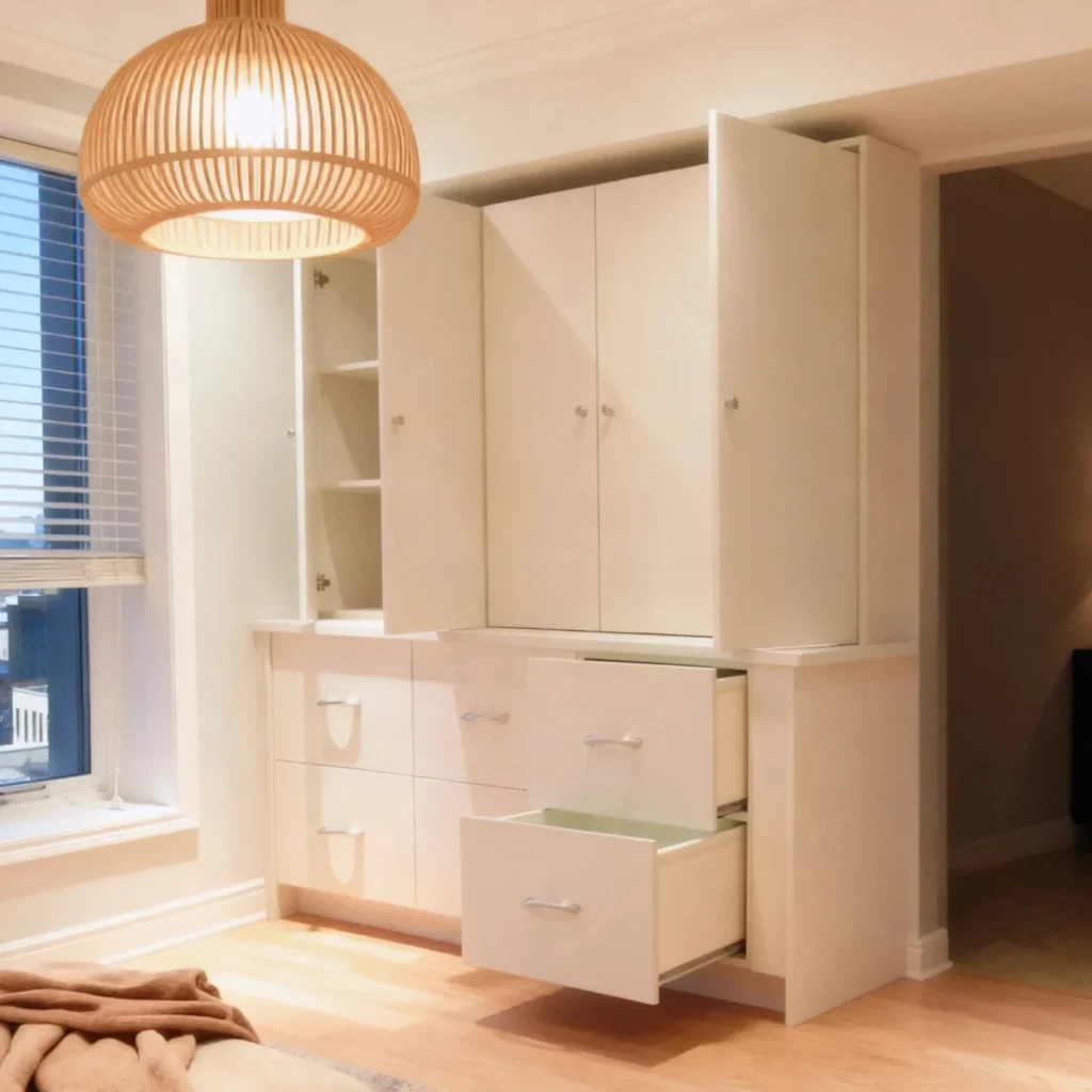 Komandor custom built-in cabinetry and home organization system in a warm white laminate finish. This architectural storage solution features upper cabinets with overlay hinged doors and internal shelving, integrated above a base unit of deep drawers with soft-close full-extension slides and modern arched handles. Engineered with Komandor’s proprietary millimeter-precise manufacturing, the system maximizes space in a GTA condo setting, providing a high-end, functional alternative to mass-market furniture through European-grade materials and professional local installation.