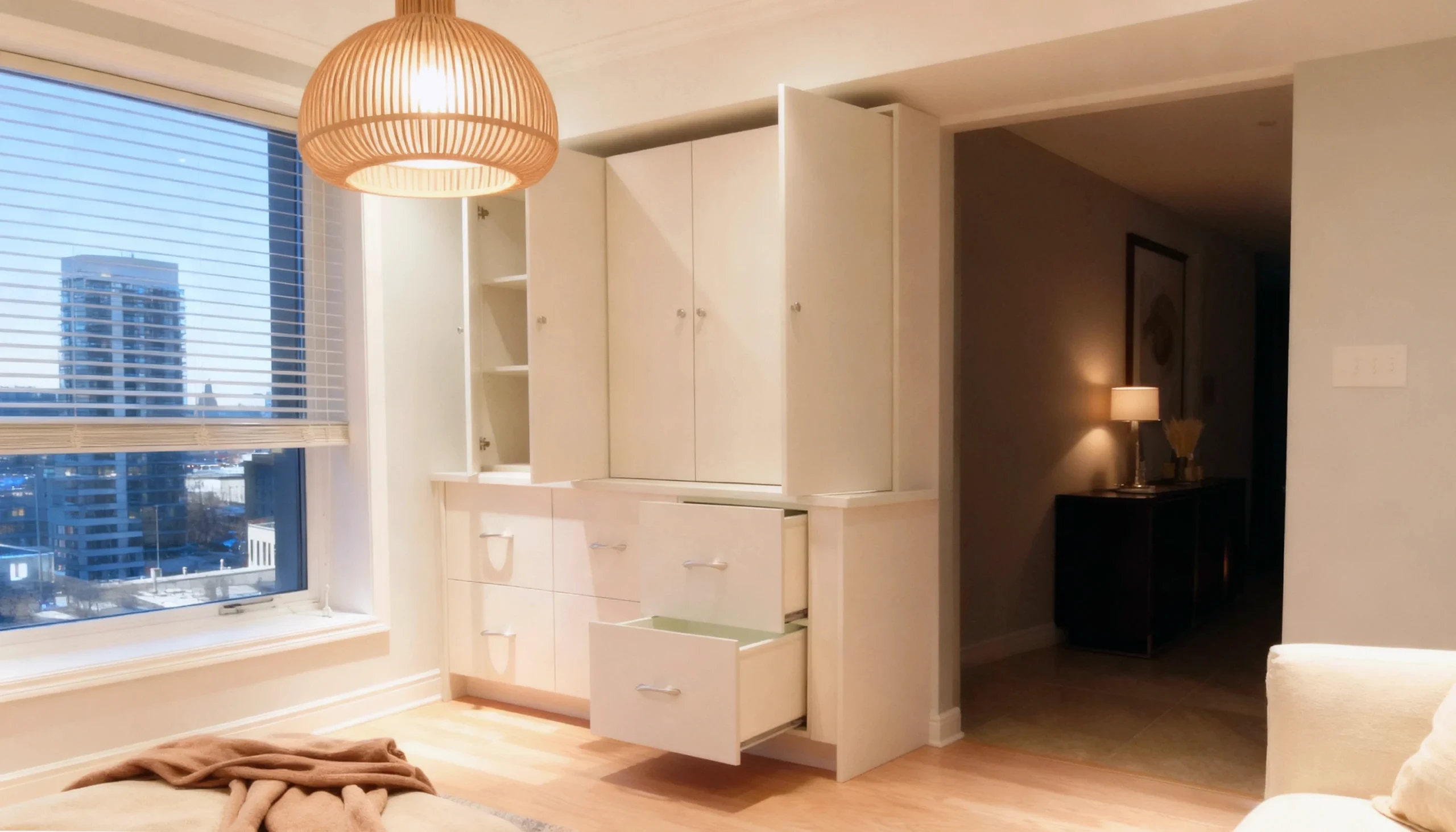 Komandor custom built-in closet cabinetry featuring a high-density 18mm European thermal-fused laminate finish in warm white. This bespoke wardrobe system utilizes millimetre-precise manufacturing to achieve a seamless floor-to-ceiling fit, serving as a functional architectural furniture solution. The installation includes frameless cabinet box construction with overlay cabinet doors, high-gloss slab-style drawer fronts, and under-mount soft-close full-extension drawer slides for silent, durable operation. The unit is engineered to maximize storage in luxury residential spaces without the use of bulky filler strips.