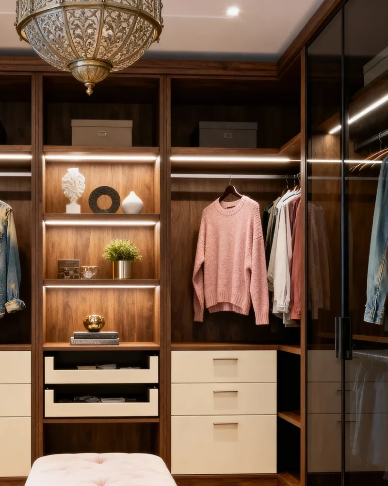 Komandor luxury custom closet system featuring integrated LED lighting recessed into premium natural wood tone shelving. This bespoke walk-in organizer utilizes millimeter-precise European engineering to maximize storage with a combination of open hanging sections, display shelves, and soft-close drawers. The architectural design includes fluted or back-painted glass sliding doors and high-density European thermal-fused laminate panels. This shadow-free organization solution provides a boutique dressing room aesthetic with industrial-grade structural integrity, designed for high-end residential applications in the Greater Toronto Area.