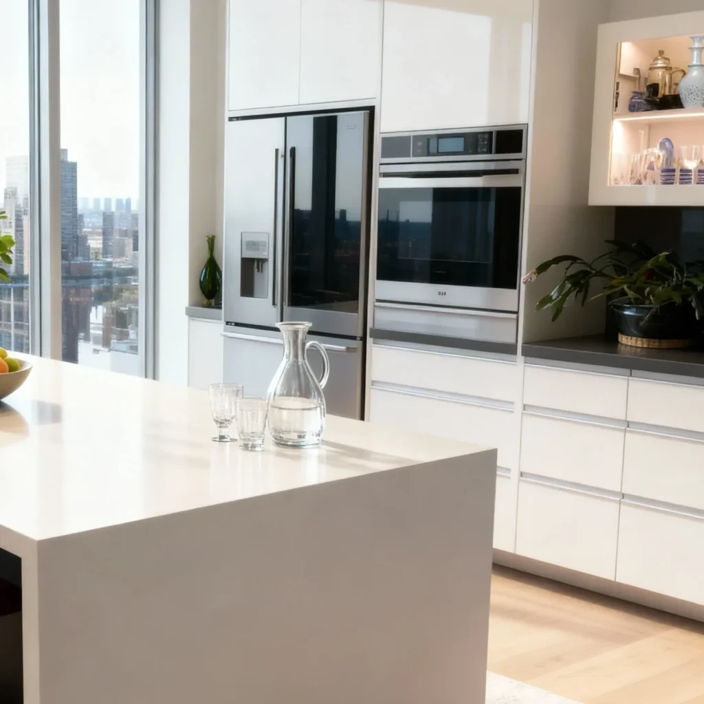 Komandor custom kitchen cabinetry featuring high-gloss white slab-style door and drawer fronts with integrated linear finger pulls. The installation showcases a seamless wall-to-wall configuration with built-in stainless steel appliances, including a dual-oven tower and French door refrigerator, integrated into frameless cabinet box construction. The project highlights millimeter-precise European engineering tailored for a modern high-rise lifestyle, incorporating a minimalist white waterfall island and recessed LED lighting for a sophisticated, functional aesthetic.