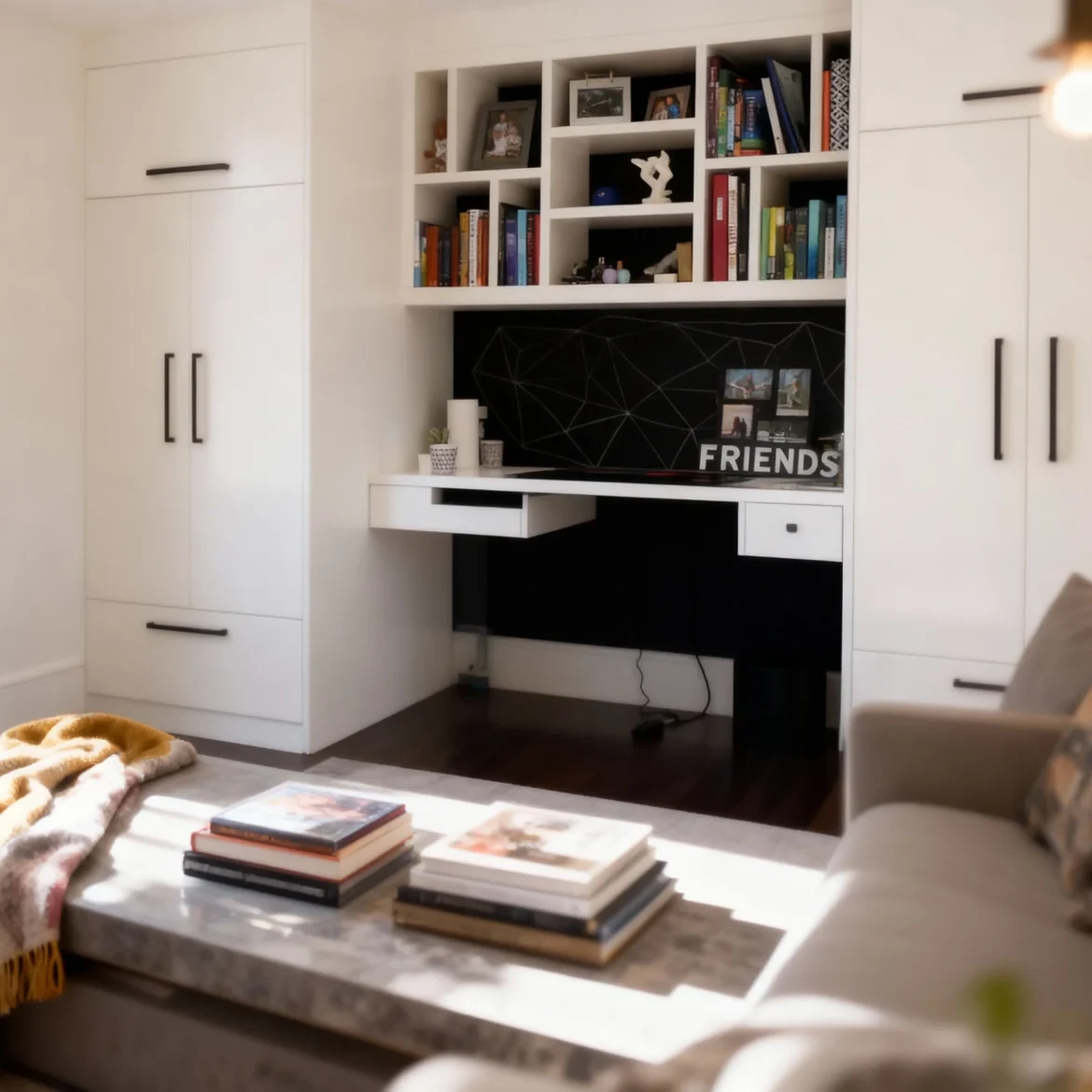 Komandor custom home office furniture system featuring a built-in workstation with millimeter-precise white melamine cabinetry and a recessed desk area. The installation includes floor-to-ceiling storage units with slim-profile hardware and an integrated open shelving unit for display. The desk features a floating drawer and a custom-backlight geometric panel for modern aesthetics. This high-density 18mm European thermal-fused laminate (TFL) system is engineered with 1mm ABS impact-resistant edgebanding for long-term durability and a seamless architectural fit.