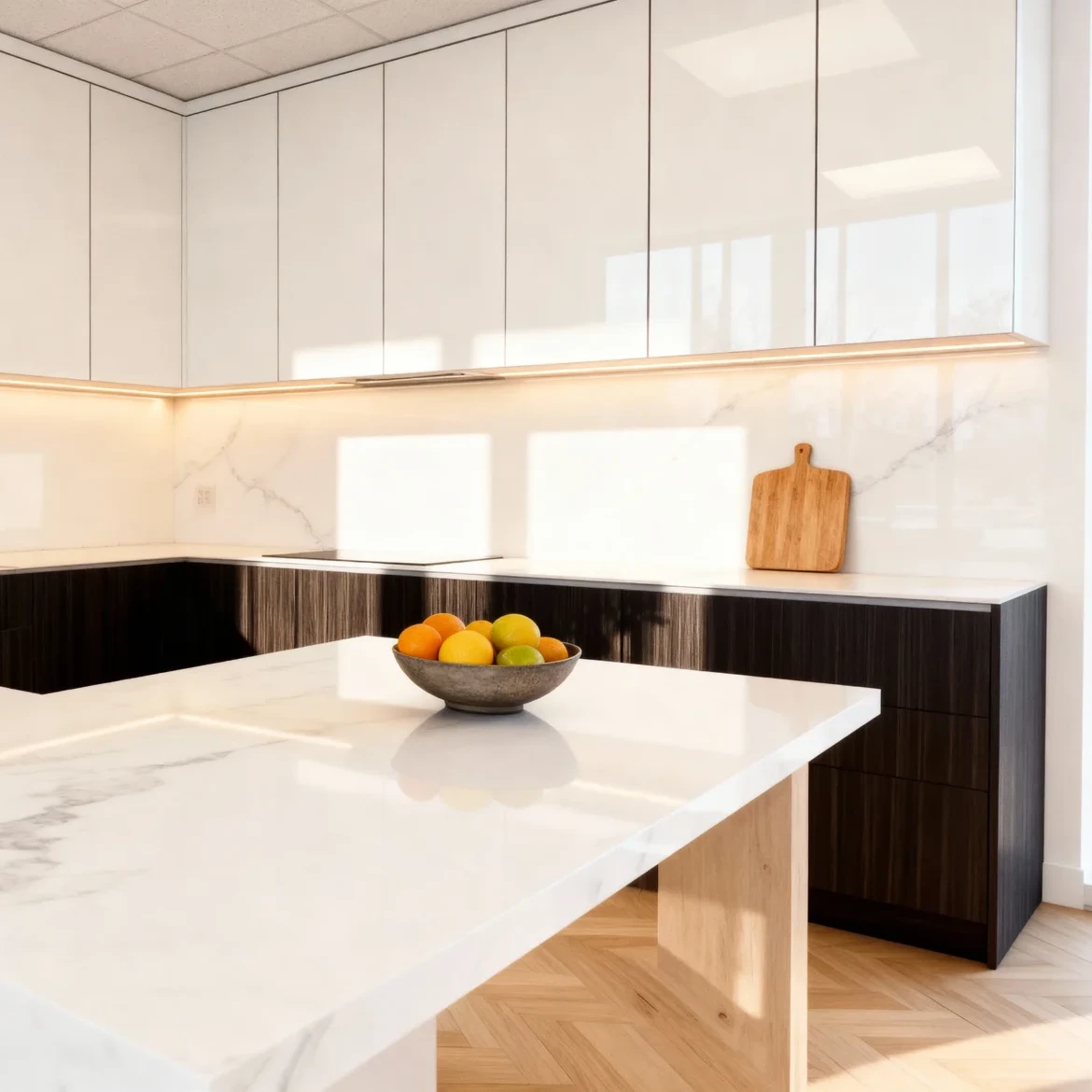 Komandor custom kitchen cabinetry featuring a dual-tone design with high-gloss white upper cabinets and dark wood-grain lower units. The system incorporates integrated LED lighting recessed into the aluminum profiles to provide shadow-free task illumination across the marble-patterned backsplash. This architectural furniture solution uses frameless cabinet box construction and overlay slab-style doors, manufactured to millimeter precision to eliminate filler strips. The installation showcases Komandor's high-density European thermal-fused laminate (TFL) materials and soft-close hardware, delivering a premium, modern alternative to traditional millwork for GTA luxury homes.