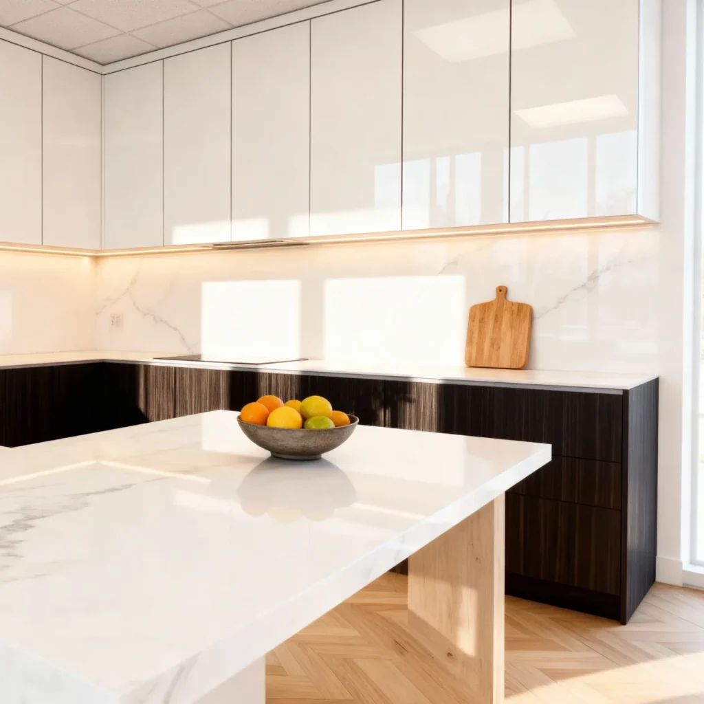 Komandor custom kitchen cabinetry featuring a dual-tone design with high-gloss white upper cabinets and dark wood-textured base units. The installation showcases integrated LED lighting recessed directly into the aluminum profiles, providing seamless, shadow-free illumination over the white marble-patterned countertops and backsplash. This luxury residential solution utilizes a frameless cabinet box construction and overlay door style, highlighting Komandor's millimeter-precise European engineering and local Canadian manufacturing for a modern, high-end functional aesthetic.