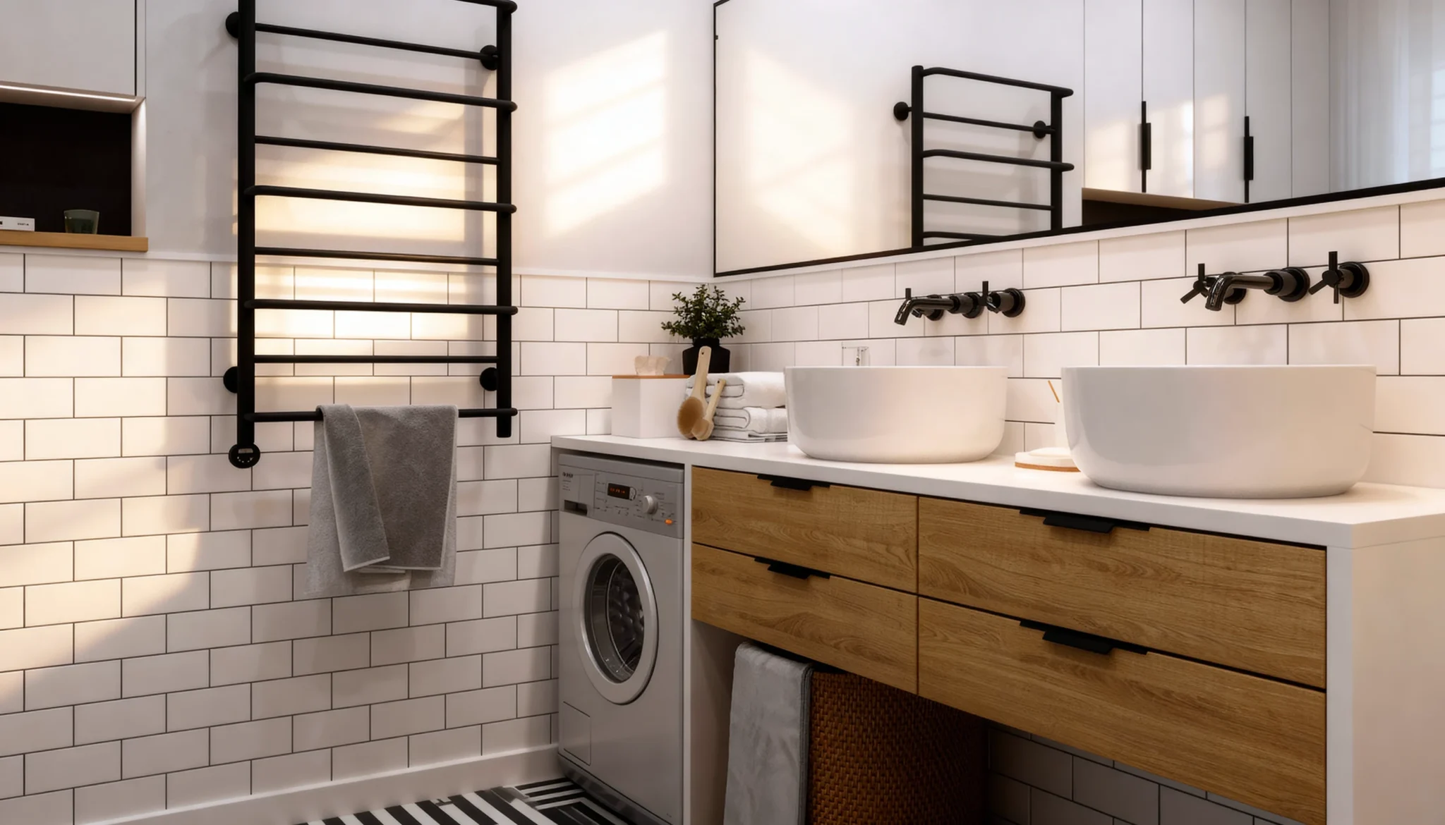 Komandor custom bathroom cabinetry and laundry integration system featuring high-density European thermal-fused laminate drawer fronts with a natural wood-grain texture. The installation utilizes a frameless cabinet box construction with precision overlay drawer fronts and matte black decorative handles. This functional vanity unit is designed with millimeter-precise customization to accommodate integrated appliances, specifically a front-loading washing machine, beneath a seamless white solid-surface countertop with dual vessel sinks and wall-mounted plumbing fixtures.