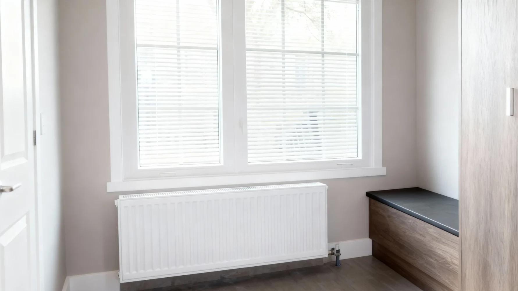 Komandor custom-built mudroom storage system featuring a built-in bench with a low-VOC European laminate wood-tone base and a Charcoal Black top. The unit is integrated into a floor-to-ceiling millwork application, showcasing millimeter-precise customization for a seamless wall-to-wall fit. This high-density 18mm European thermal-fused laminate (TFL) system provides superior structural integrity and durability. The design emphasizes a minimalist architectural aesthetic, blending natural wood textures with modern neutral tones to maximize the function and beauty of a residential entryway.