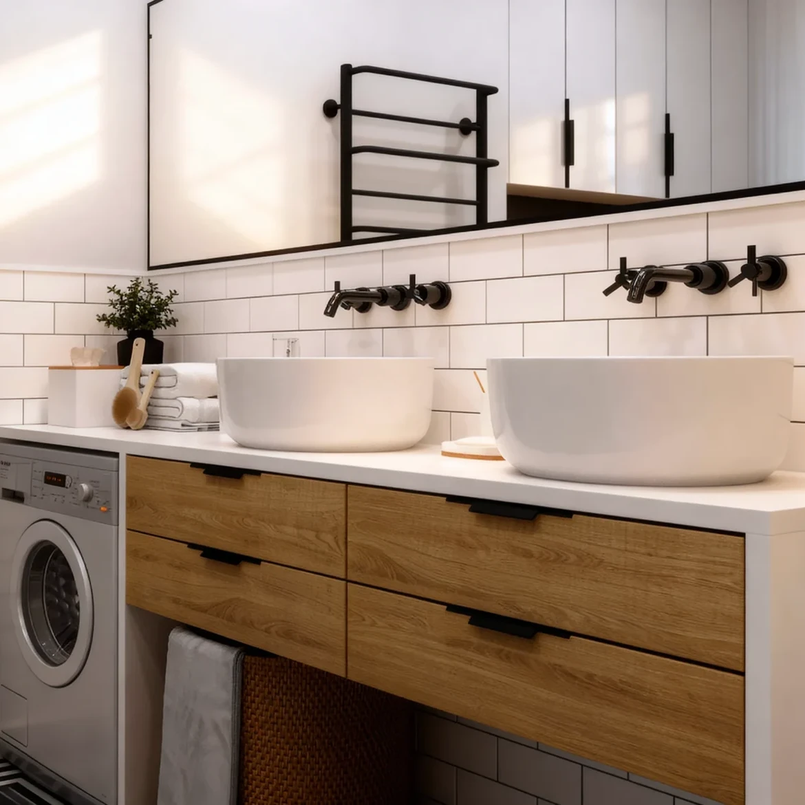 Komandor custom residential cabinetry system featuring high-density 18mm European thermal-fused laminate panels in a natural wood tone. The installation includes four large-format drawers with integrated minimalist black pull handles and a seamless white solid-surface countertop housing dual undermount vessel sinks. This bespoke millwork solution demonstrates millimeter-precise manufacturing to integrate with professional appliances, providing a functional, architectural furniture system designed for high-moisture utility environments with superior structural integrity and luxury residential finishes.