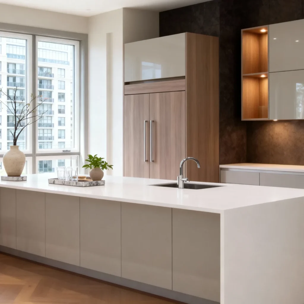 Komandor custom minimalist kitchen featuring a high-gloss soft gray slab-style island with a seamless white waterfall quartz countertop. The installation includes a matching wood-grain refrigerator surround and upper cabinetry with integrated LED lighting recessed into natural wood open shelving units. This high-end architectural furniture system utilizes local Canadian manufacturing and millimeter-precise European engineering to create a functional, sleek aesthetic for open-concept residential spaces.