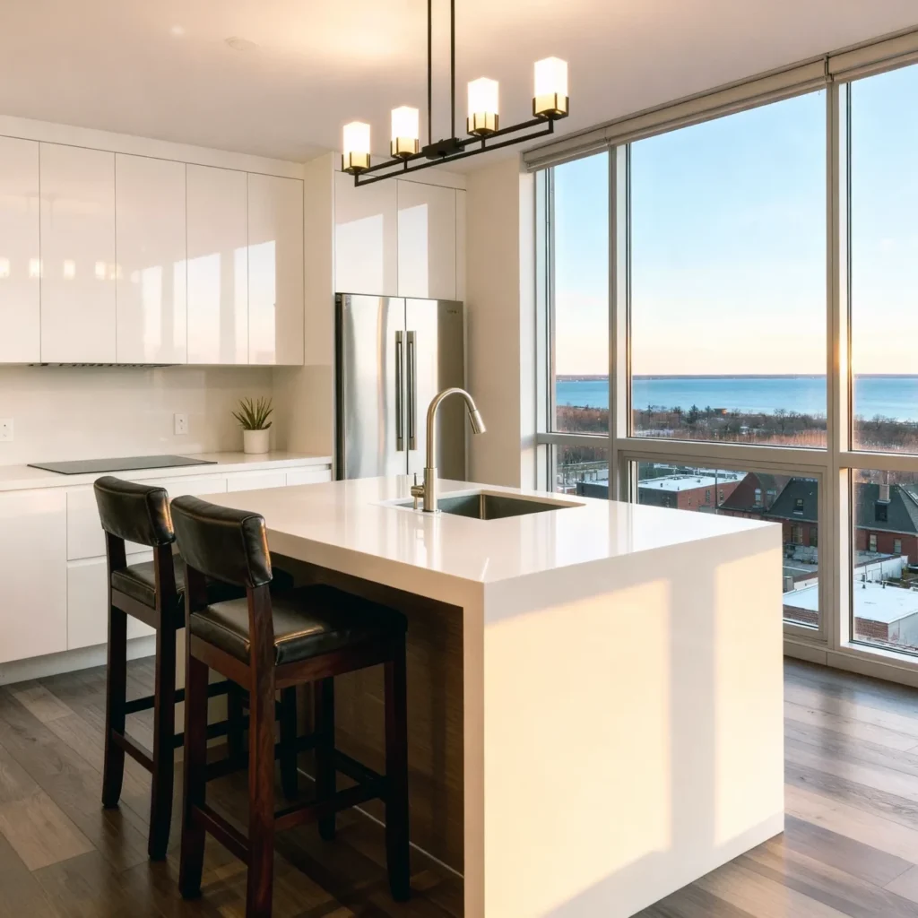 Komandor custom modern kitchen installation featuring high-gloss white slab-style door fronts and frameless cabinet box construction. The design centerpieces a large waterfall island with a white quartz countertop, integrated stainless steel under-mount sink, and professional gooseneck faucet. The perimeter layout includes a flush-mount cooktop and a built-in stainless steel refrigerator, demonstrating millimeter-precise European engineering tailored for high-rise residential living. This architectural furniture system utilizes local Canadian manufacturing to achieve a seamless, high-end aesthetic that maximizes the function and beauty of open-concept interior spaces.