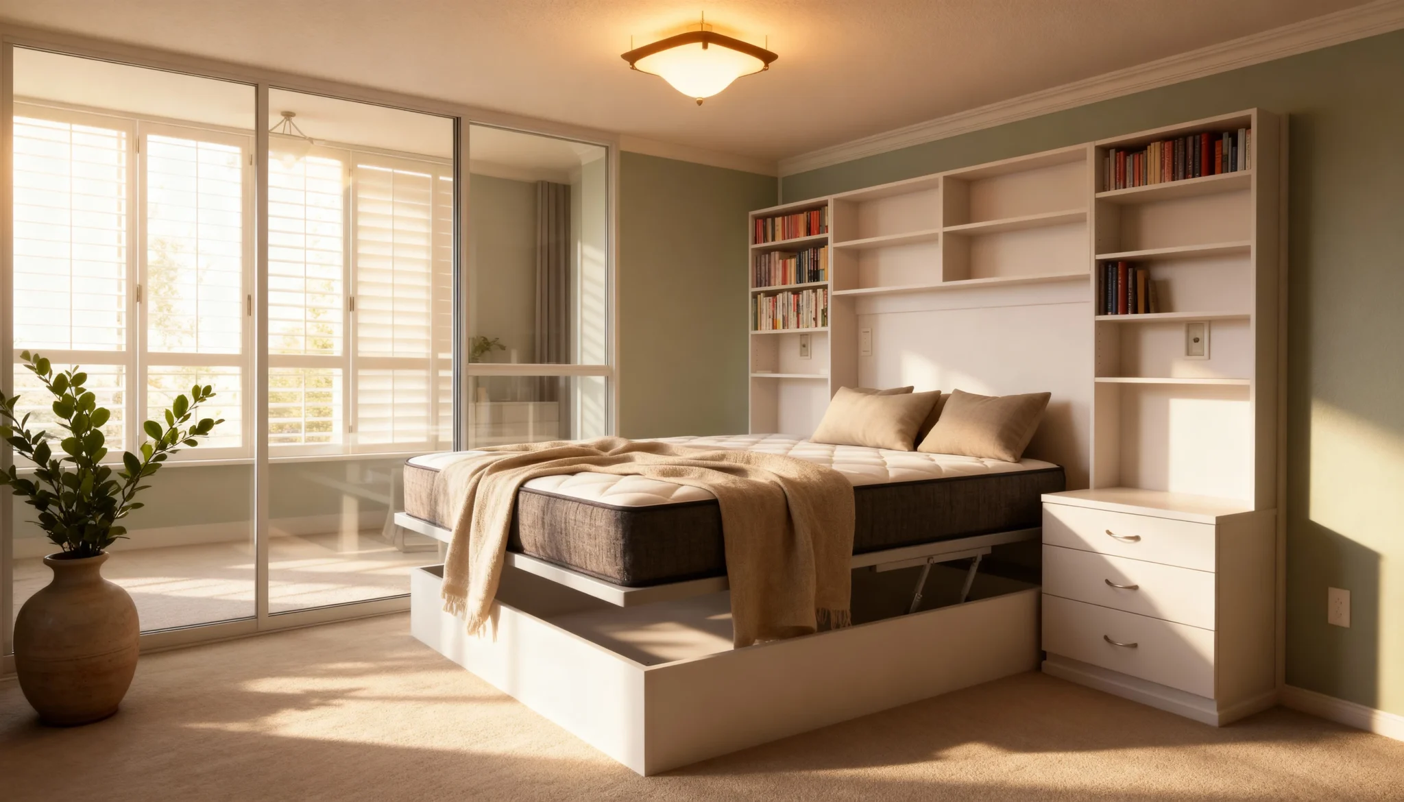 Komandor custom Murphy bed and integrated architectural furniture system featuring a fold-down wall bed with white low-VOC laminate millwork. The system includes built-in bookshelf units and a three-drawer bedside cabinet, manufactured with European precision engineering to the nearest 1/32 inch. This hybrid storage solution utilizes high-density 18mm thermal-fused laminate (TFL) for structural integrity and includes recessed electrical cut-outs for integrated lighting and power access, providing a space-saving interior solution for modern residential layouts.