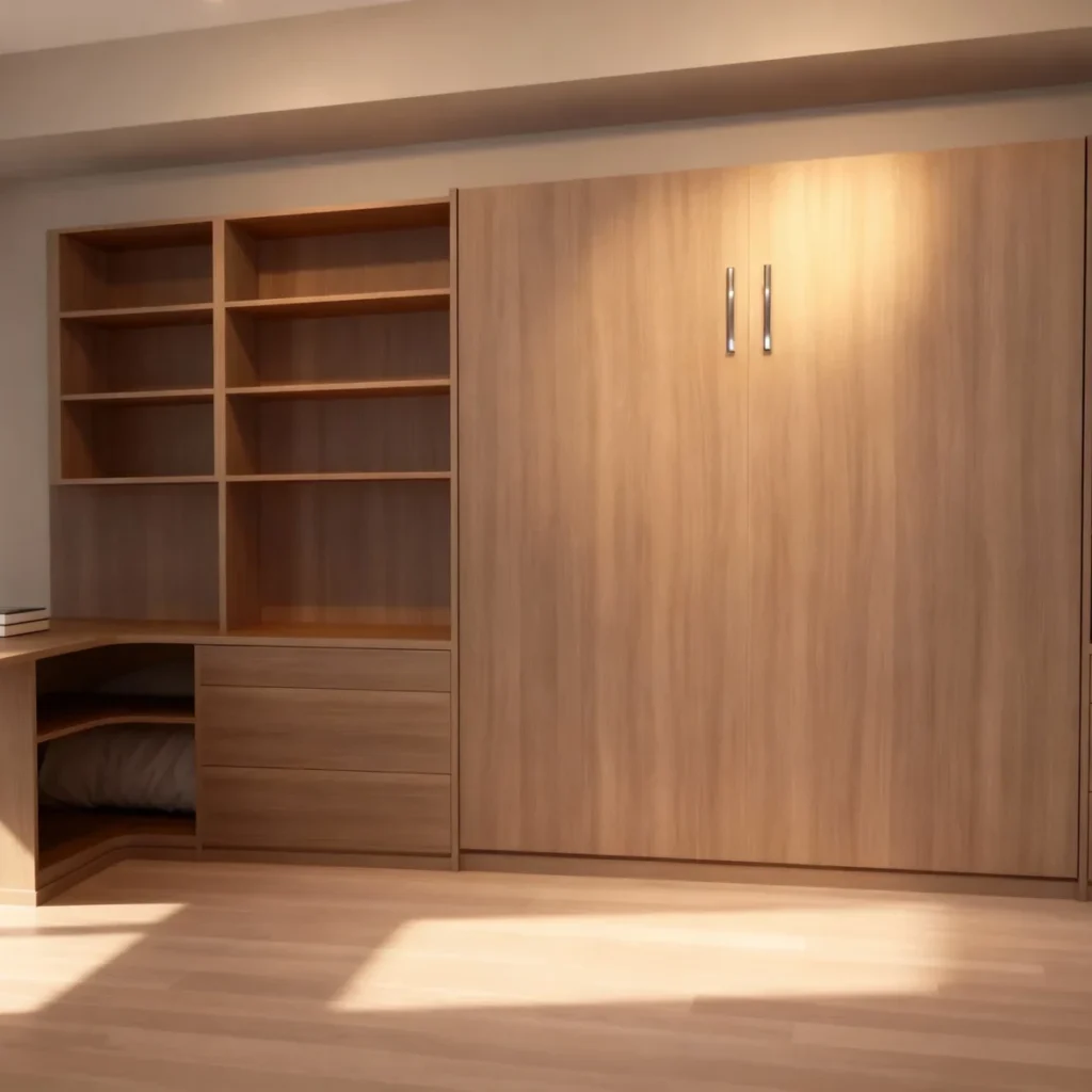 Komandor custom Murphy bed and integrated home office workstation featuring a vertical wall bed system seamlessly built into bespoke cabinetry. The assembly utilizes high-density 18mm European thermal-fused laminate with a natural wood-grain finish. The unit includes an adjacent built-in desk with recessed open shelving and soft-close storage drawers. Precision-engineered European hardware and a robust counterbalanced lifting mechanism ensure a smooth, safe transition between a functional home office and a high-end residential sleeping solution.