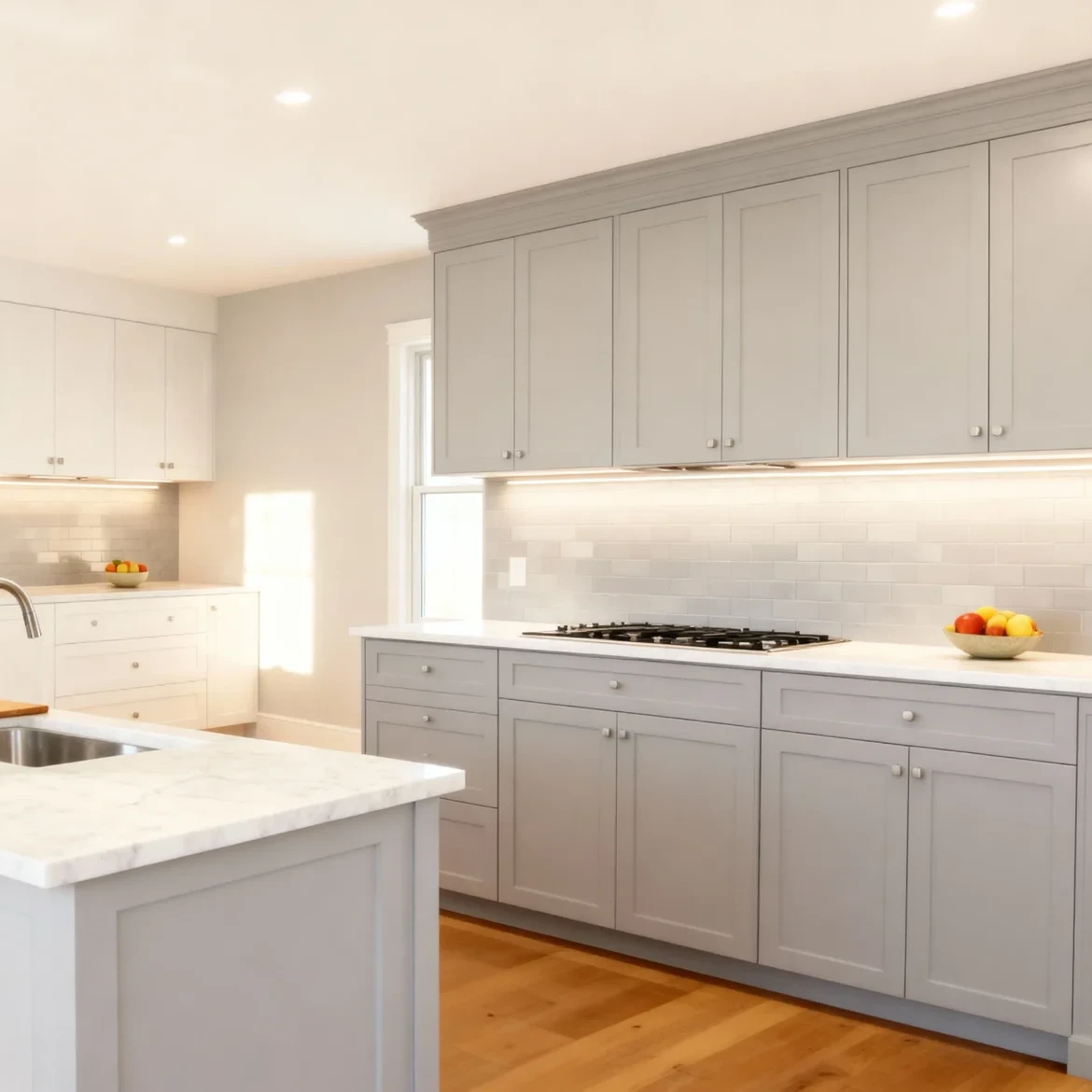 Komandor custom shaker-style kitchen cabinetry in a two-tone light gray and white finish. The installation features fully custom frameless cabinet box construction with overlay doors and decorative hardware. Millimeter-precise manufacturing ensures a seamless fit between the floor-to-ceiling units and the integrated task areas. The design incorporates integrated LED lighting recessed under the upper cabinets to illuminate the subway tile backsplash and marble-patterned countertops. This high-density European thermal-fused laminate (TFL) system represents a structurally superior, modern alternative to traditional millwork, providing localized Canadian craftsmanship for high-end residential interiors in the GTA.