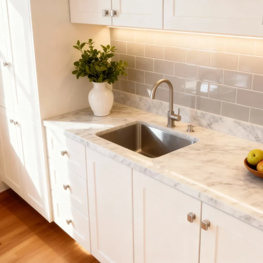 Komandor custom shaker-style kitchen cabinetry in a warm white finish with decorative hardware. The installation features a seamless marble countertop and matching backsplash with integrated LED lighting recessed beneath the upper cabinets for shadow-free task illumination. This luxury residential solution demonstrates Komandor's millimeter-precise European engineering, utilizing high-quality Canadian-made components and precision assembly to maximize the beauty and function of traditional interior spaces.