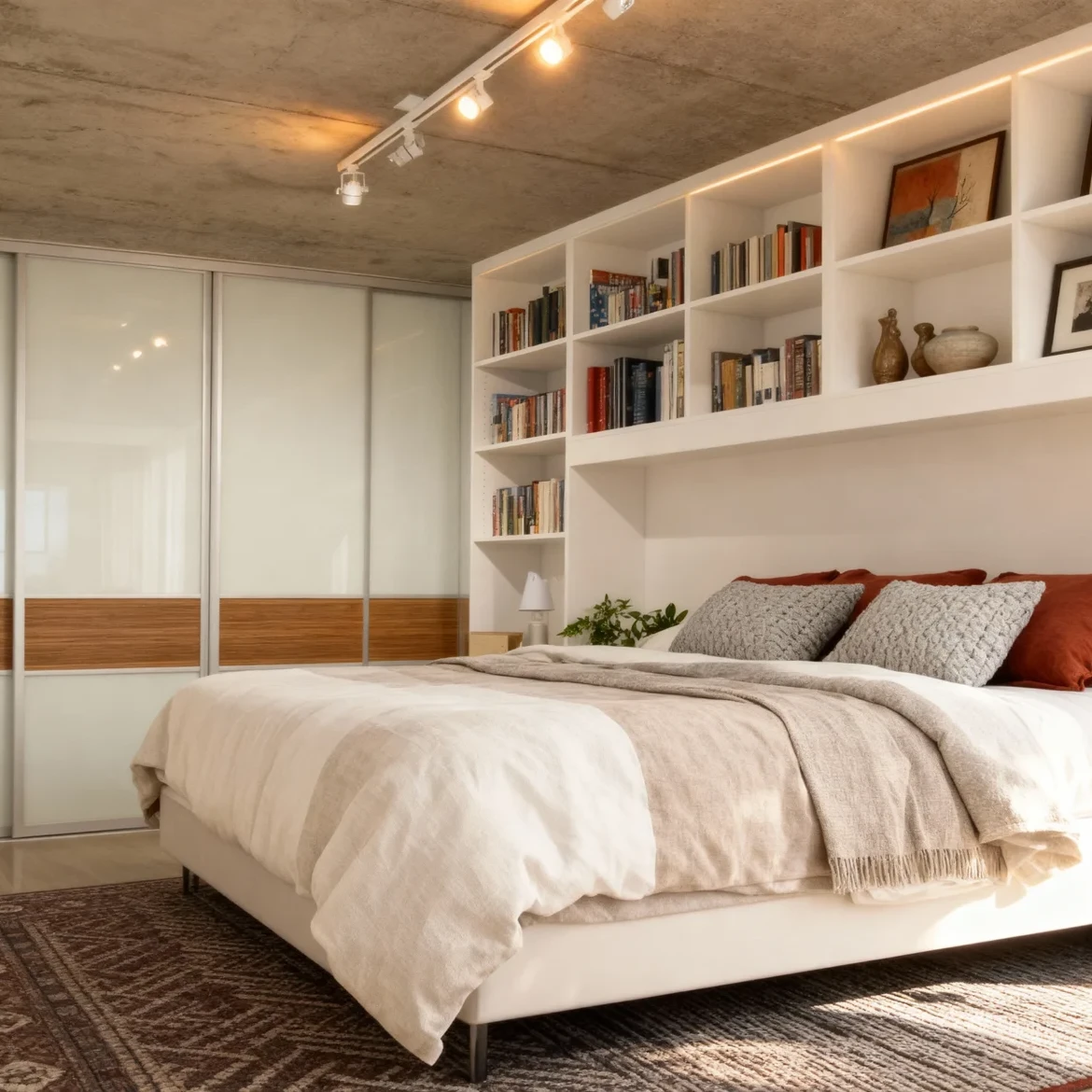 Komandor custom sliding closet door system and integrated bedroom shelving units. The bi-pass sliding doors feature aluminum frames with frosted glass inserts and natural wood tone laminate accents. Adjacent is a white custom-built wall-to-wall shelving system with integrated LED lighting recessed into the upper profiles for shadow-free illumination. Every component is manufactured to millimeter precision using high-density European thermal-fused laminate, providing a seamless architectural storage solution for modern residential spaces.